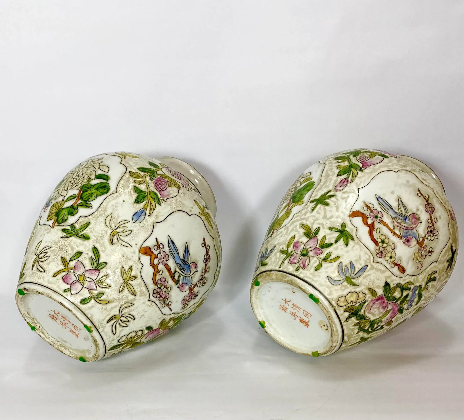 Vintage Pair Chinese Vases Birds, Flowers, Pomegranates Style of "Great Qing Tungzhi" Period Made in - 8