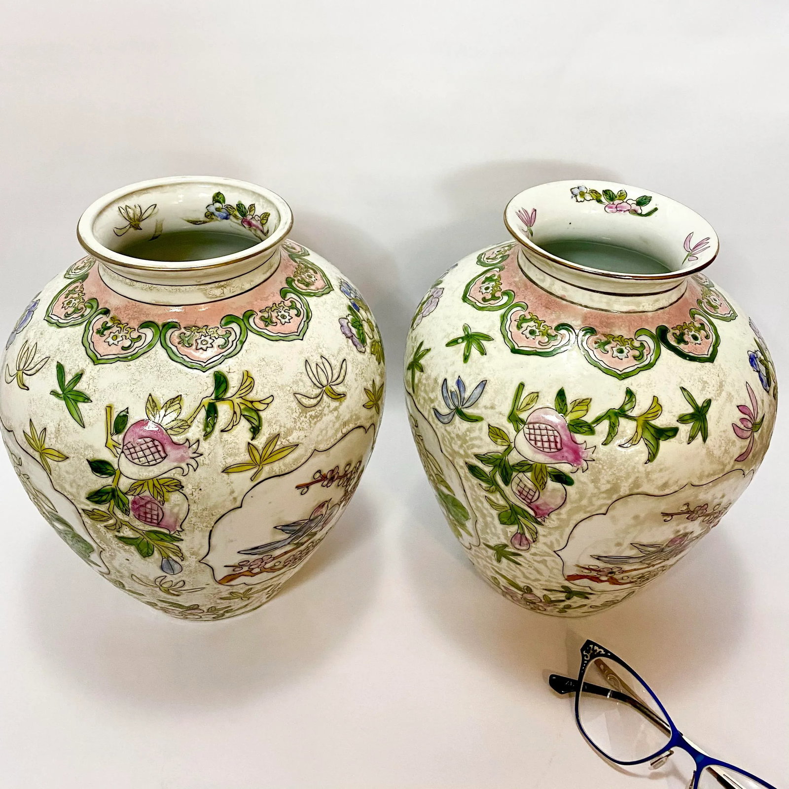 Vintage Pair Chinese Vases Birds, Flowers, Pomegranates Style of "Great Qing Tungzhi" Period Made in - 9