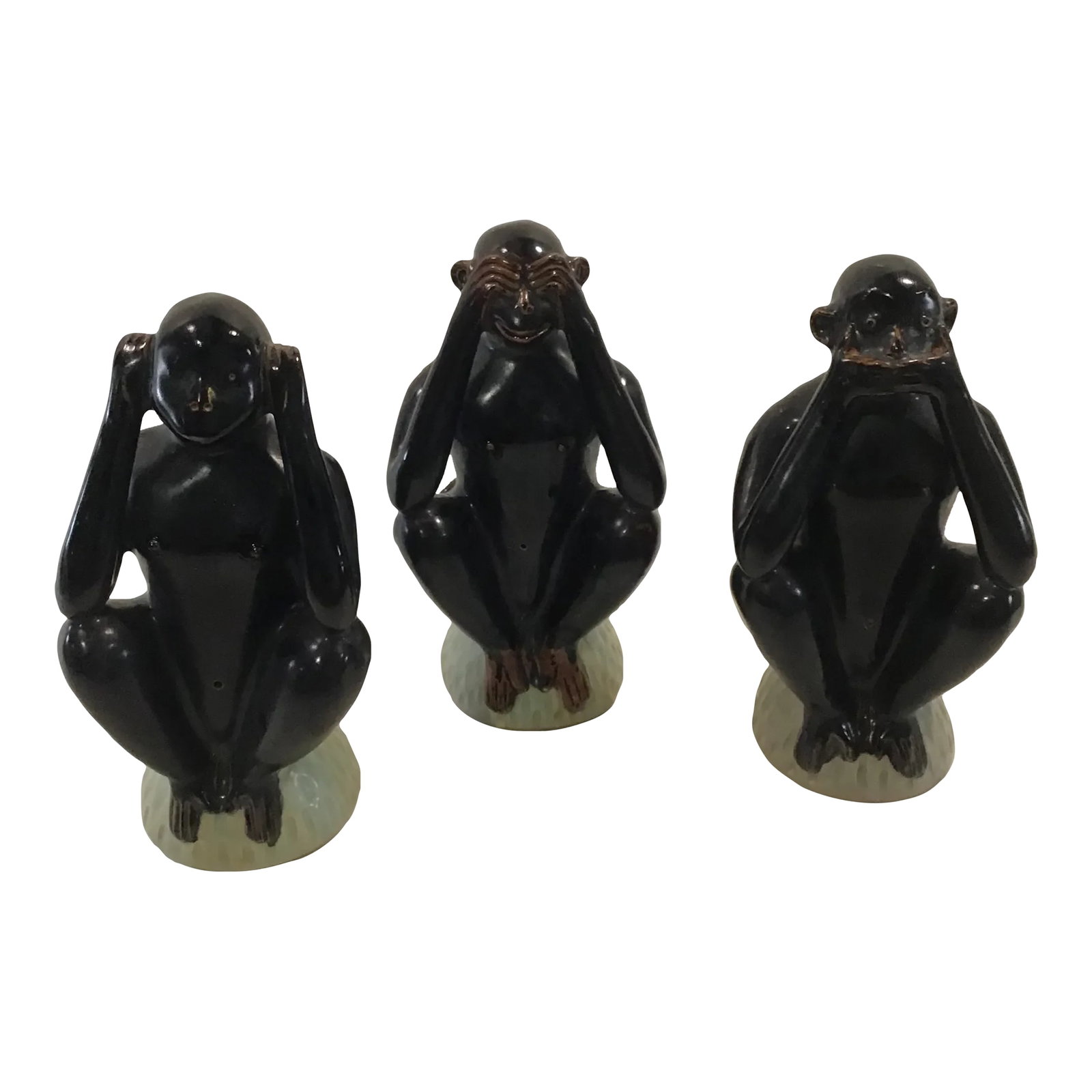 Three Wise Monkeys by Tozai Home - Set of 3: This vintage trio of new majolica are the classic version of the "three mystic Apes" - see no evil, hear no evil, speak no evil. A beautiful rich, deep glaze makes them an outstanding whimsical focal