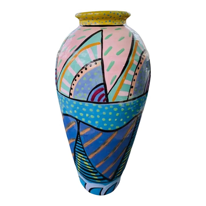 Sale! 1990's Wendy Ide Williams Postmodern Post Modern Memphis Hand Painted Table Floor Art Pottery: Rare early Wendy Ide Williams, Hand-painted, signed, Colorful, Pottery Floor or Table Vase by W. William, dated 1990. Vivid, Large, Geometric, Abstract, Dramatic Work. Ms Williams works are often