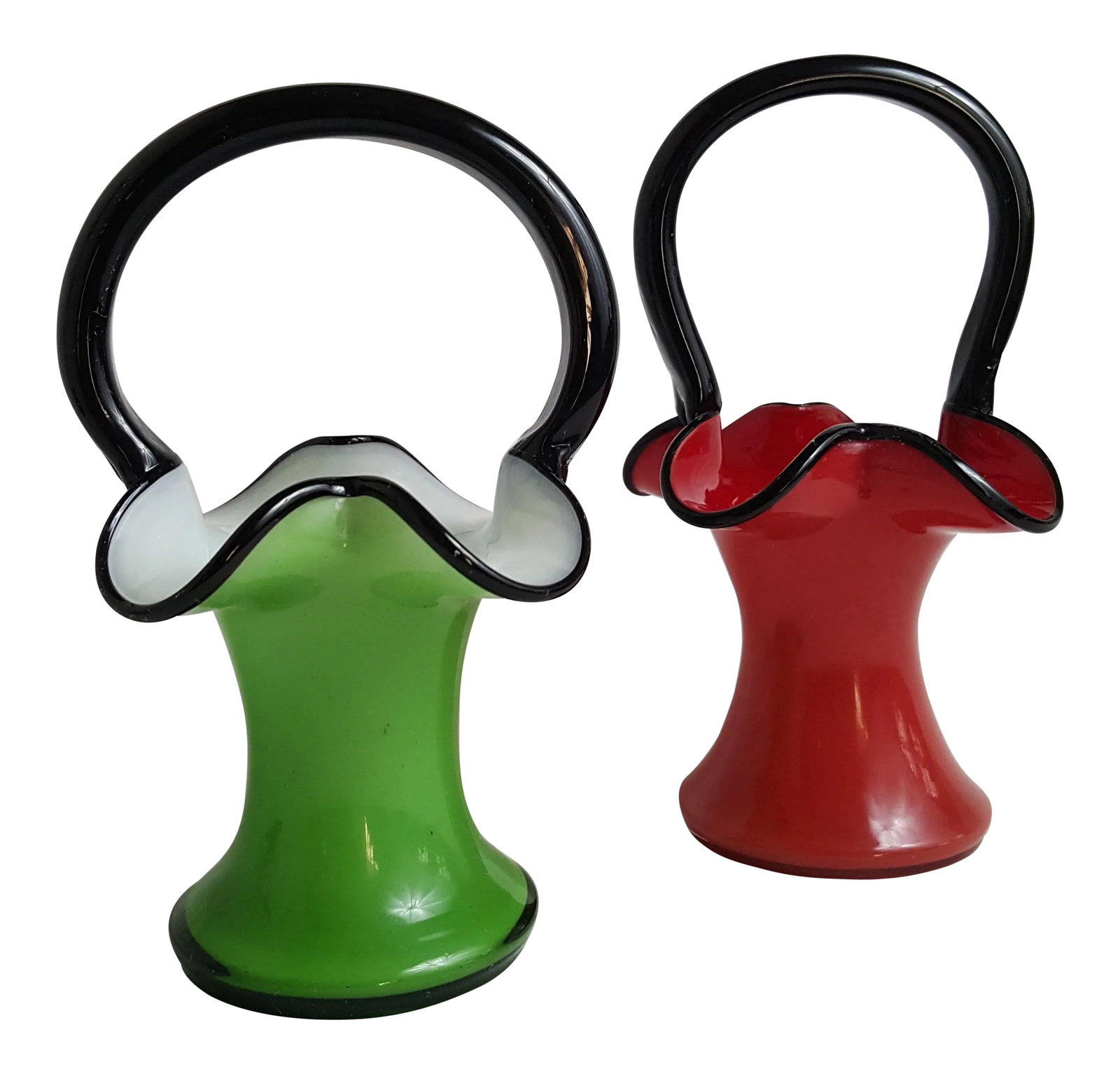 Tango Glass Ruby and Emerald Black Crest Cased Vases - a Pair: This pair of handblown glass baskets/vases are perfect for the holiday season. Fill them with some goodies and you have a wonderful hostess gift. Rare! Condition: Alterations: Original Condition Unalt