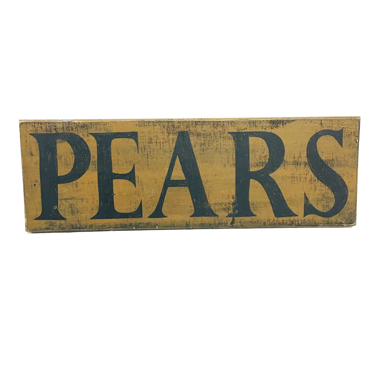 1990s Wooden Sign "Pears": Vintage Wooden Sign "Pears", hand painted black letters against a mustard background. Condition: Alterations: Original Condition Unaltered Imperfections: Some Imperfections Condition Notes: normal