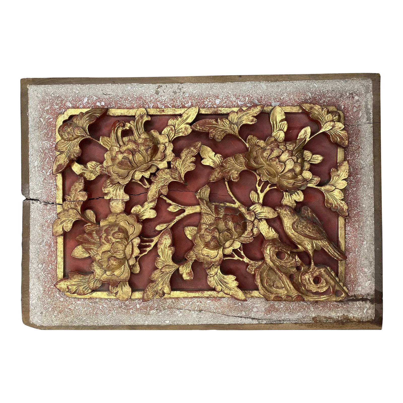 Antique Chinese Carved Panel: Good sized Unusual hand carved panel most likely taken from an old temple or piece of furniture with Chinese red paint under gold leaf with an unusual almost mica-like applied border. Condition: Alter