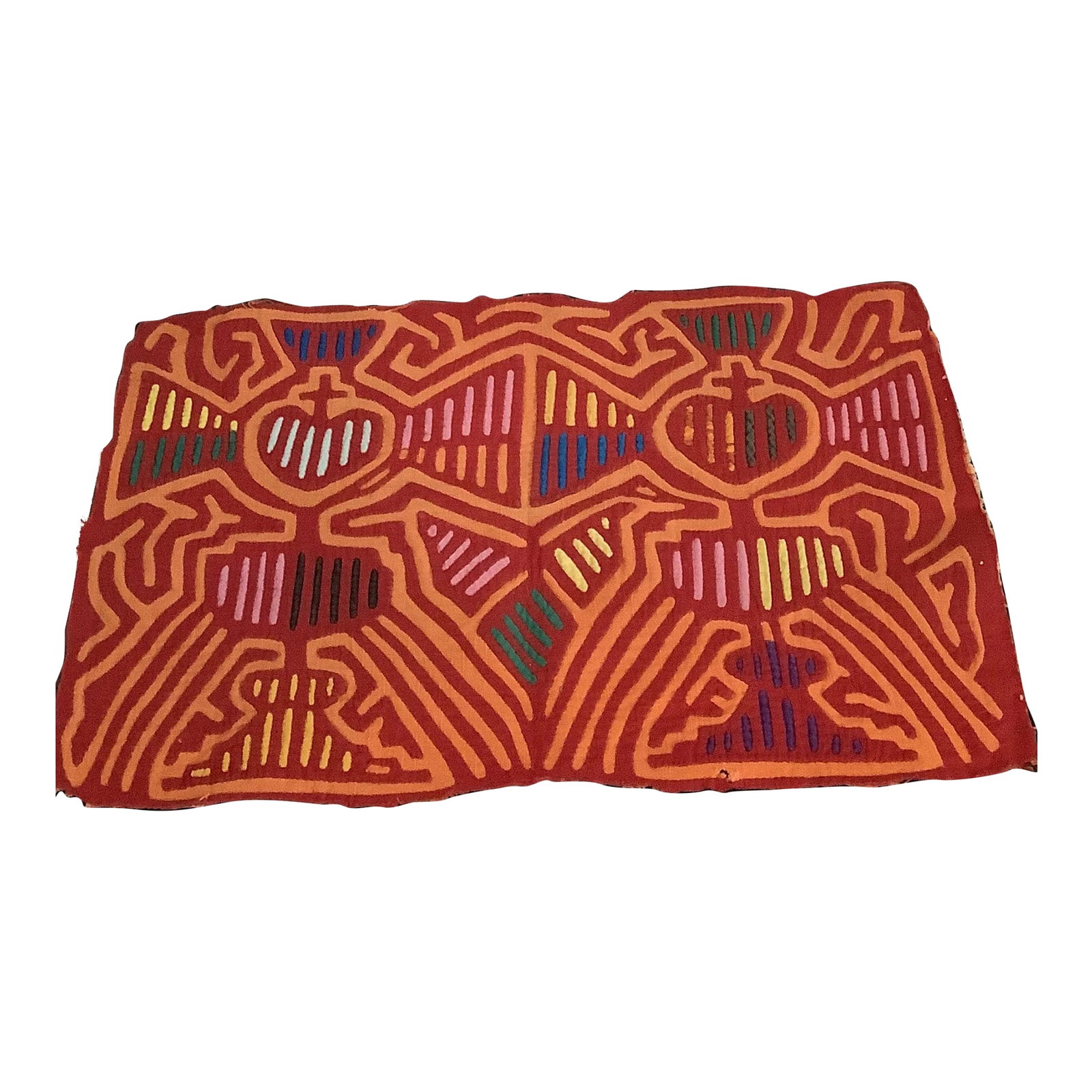 Mola Folk Art Cross Heart Raw Edge Fabric Applique Tapestry: Handmade beautiful bright lively colors that really spruce up any room. The pattern is classic and truly lovely. Ready for framing. Condition: Alterations: Original Condition Unaltered Imperfections: