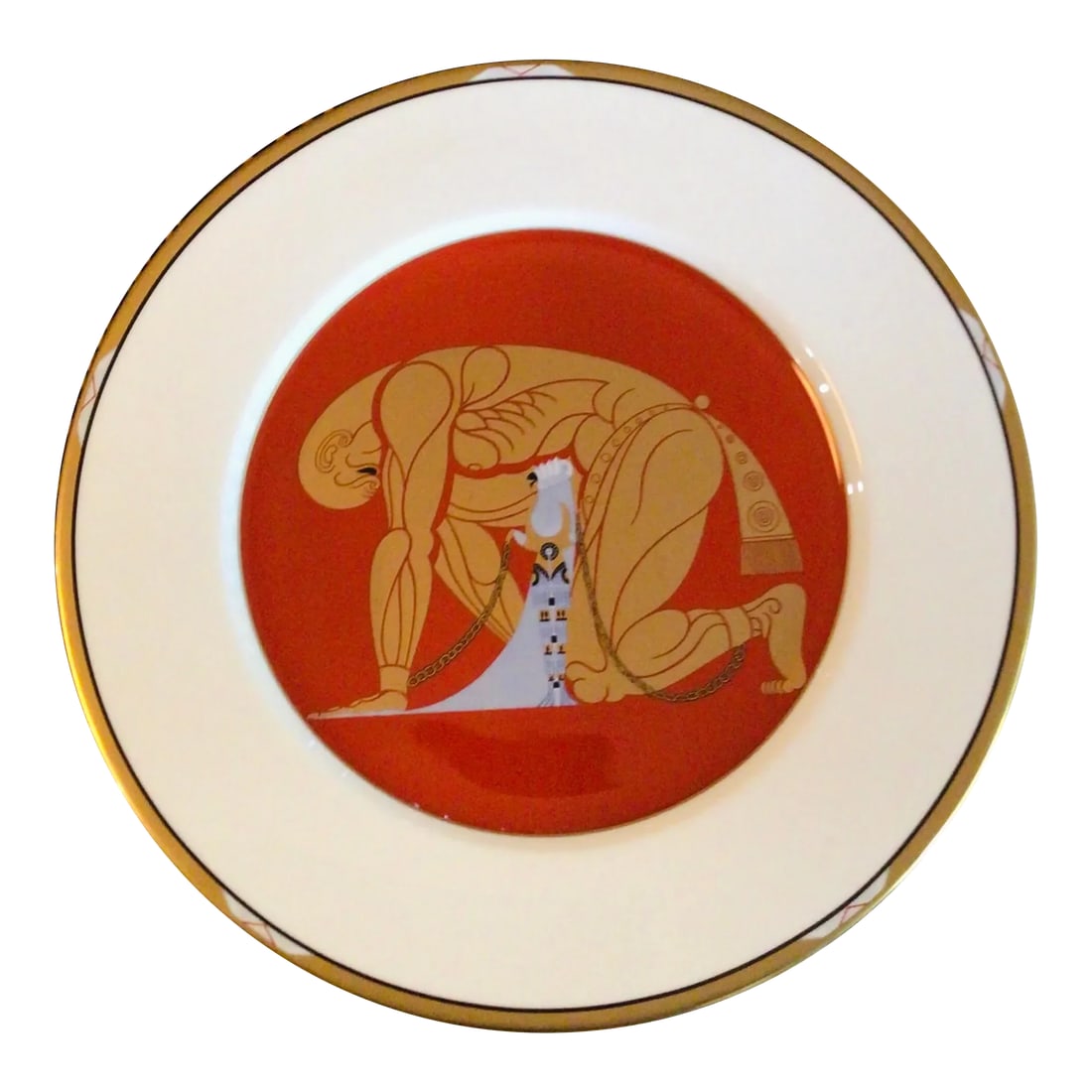 Erte Samson and Delilah Charger: Stunning Original Art Deco platter of Samson and Delilah by Erte. Great color and graphics. Made of Bone china and signed on back. Condition: Alterations: Original Condition Unaltered Imperfections: