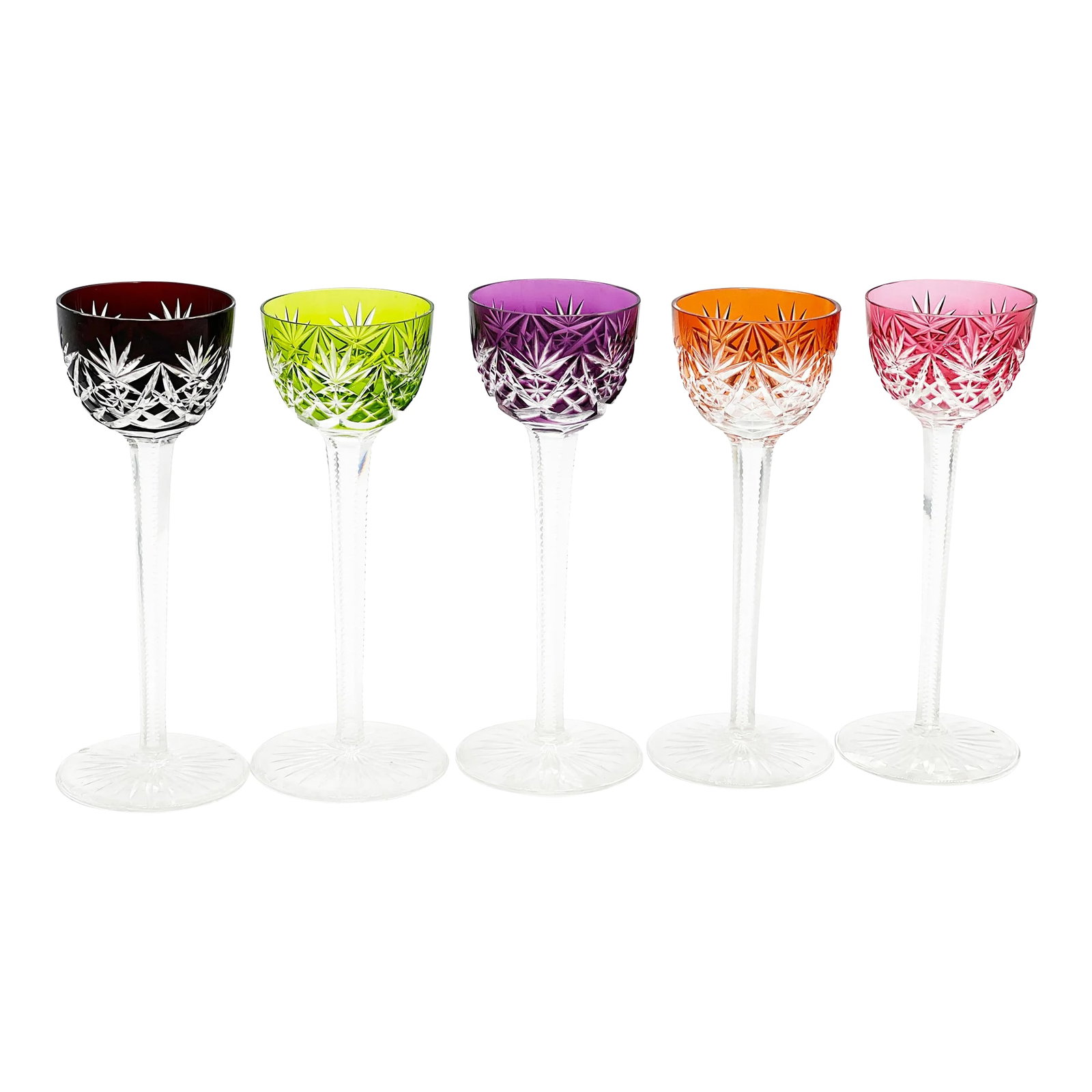 Mid-Century Colorful Bohemian Crystal Tall Stemware Goblets- Set of 5: Vintage set of 5 tall brightly multi-colored and ultra ornate bohemian crystal goblets. It is rare to find a full set of these beauties and this set is of high, collector grade quality. Each of the ha