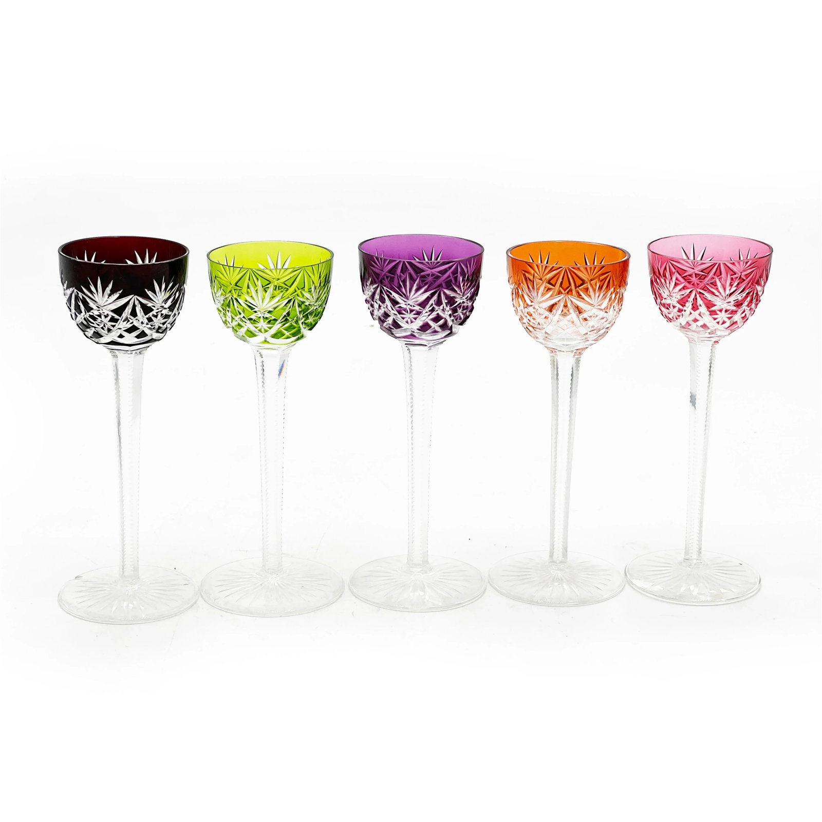 Mid-Century Colorful Bohemian Crystal Tall Stemware Goblets- Set of 5 - 3