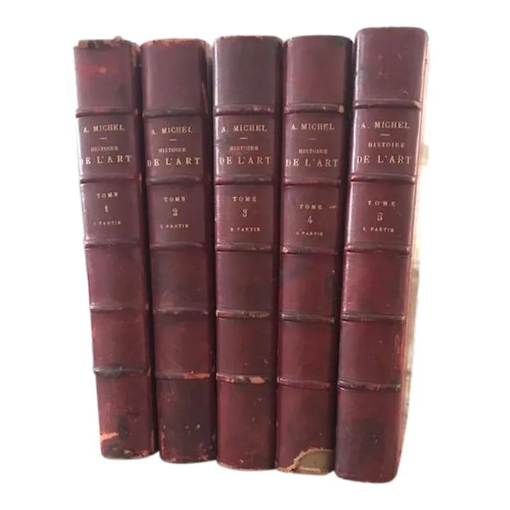 Antique Leather French Art History Books - Histoire De l'Art - Set of 5: Gorgeous set antique French Art Books - Histoire de L'Art, ca 1906. Published under the directorship of Andre Michel, conservateur aux Musees Nationaux Professeur a L'Ecole du Louvre. Set included
