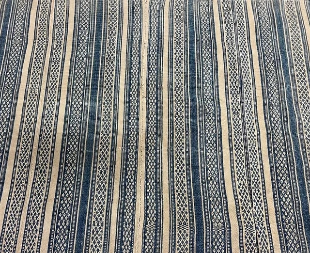 Vintage Kilim Fabric Fragment in Tan and Denim Blue Colors Stripe: Vintage light weight Kilim fabric fragment in tan and denim blue stipe. Panels of stirpes sewn together to form this beautiful fabric panel. perfect for pillows of a small upholstery job. 58"W x 60"L 