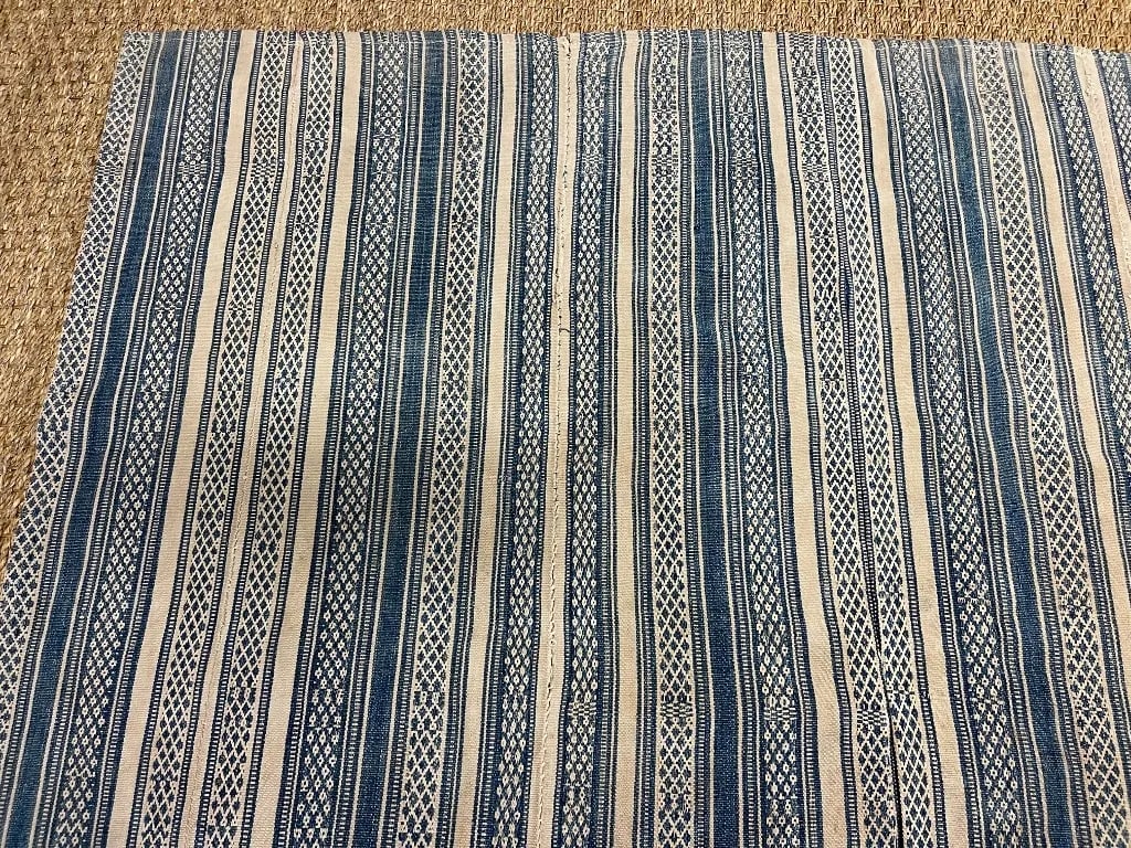 Vintage Kilim Fabric Fragment in Tan and Denim Blue Colors Stripe - 2