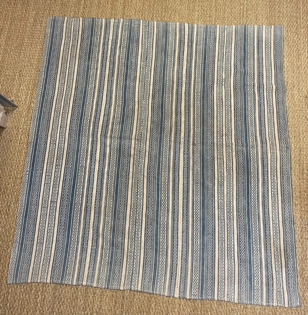 Vintage Kilim Fabric Fragment in Tan and Denim Blue Colors Stripe - 3