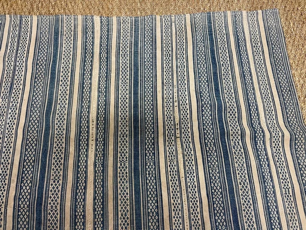 Vintage Kilim Fabric Fragment in Tan and Denim Blue Colors Stripe - 4