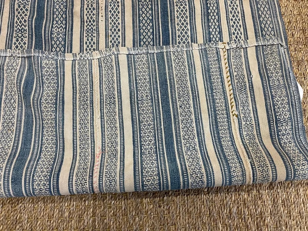 Vintage Kilim Fabric Fragment in Tan and Denim Blue Colors Stripe - 6