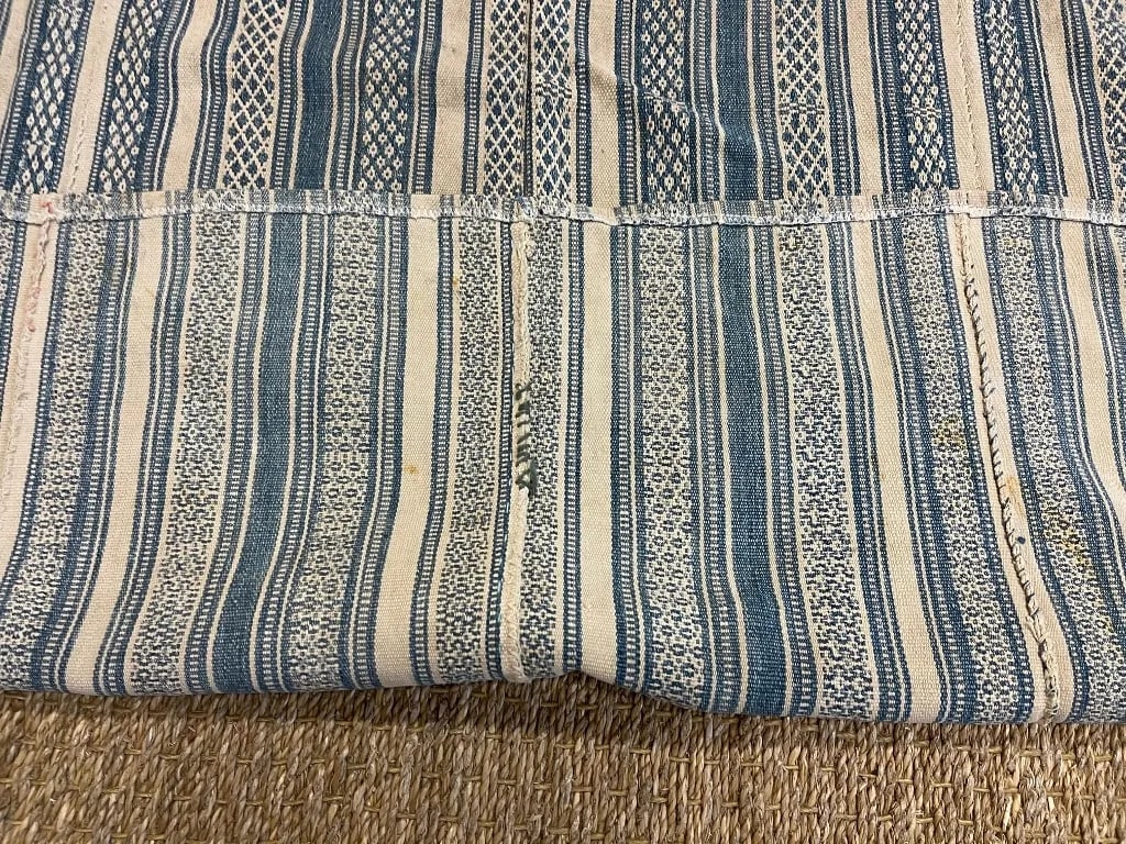 Vintage Kilim Fabric Fragment in Tan and Denim Blue Colors Stripe - 7