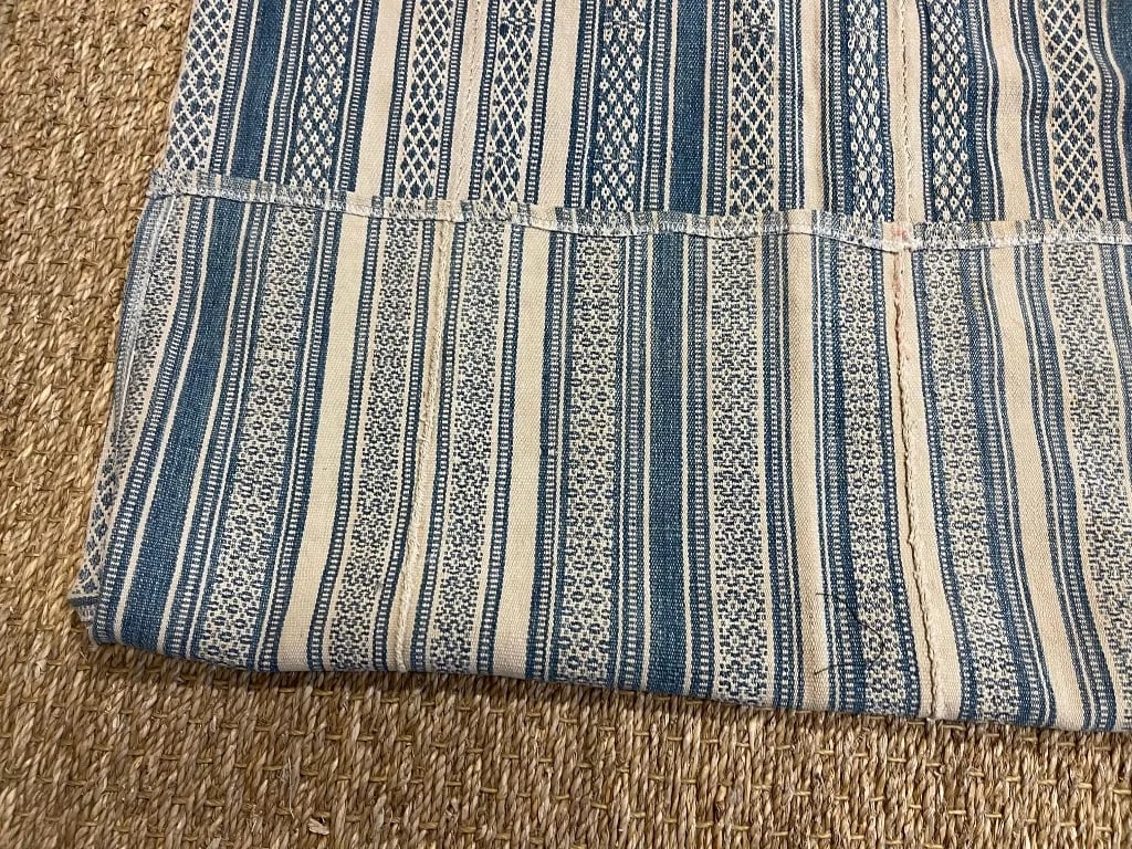 Vintage Kilim Fabric Fragment in Tan and Denim Blue Colors Stripe - 8