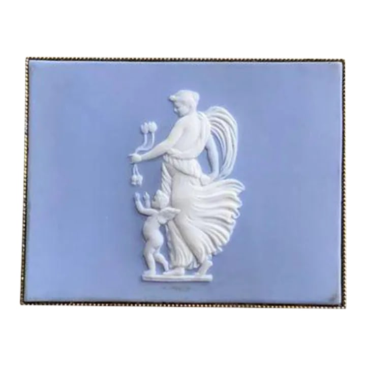 Art Deco Gilt Brass Case With Wedgwood Jasperware Cupid & Psyche Plaque: Estate Find from Hudson, NY Exceptionally stylish circa 1935 Art Deco period case showcasing the era's sophisticated design sensibilities. This custom-made piece combines polished gilt brass