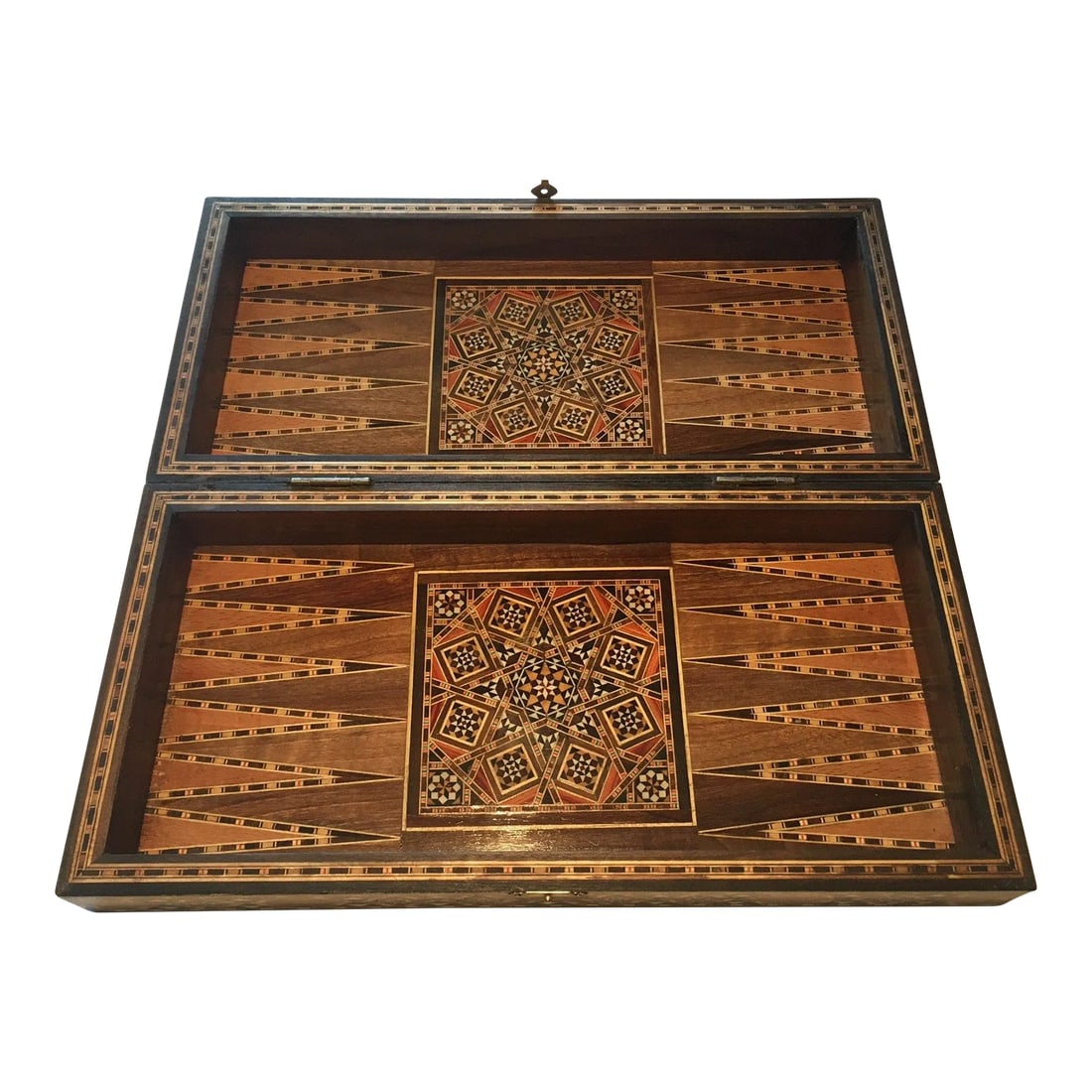 Vintage 1970s Moroccan Inlaid Mosaic Inlaid Backgammon and Chess Box: Large vintage mid-century inlaid mosaic backgammon and chess game with Moorish motif designs. The chess and checker board is on the exterior of the box, and the backgammon board is on the interior. Pu