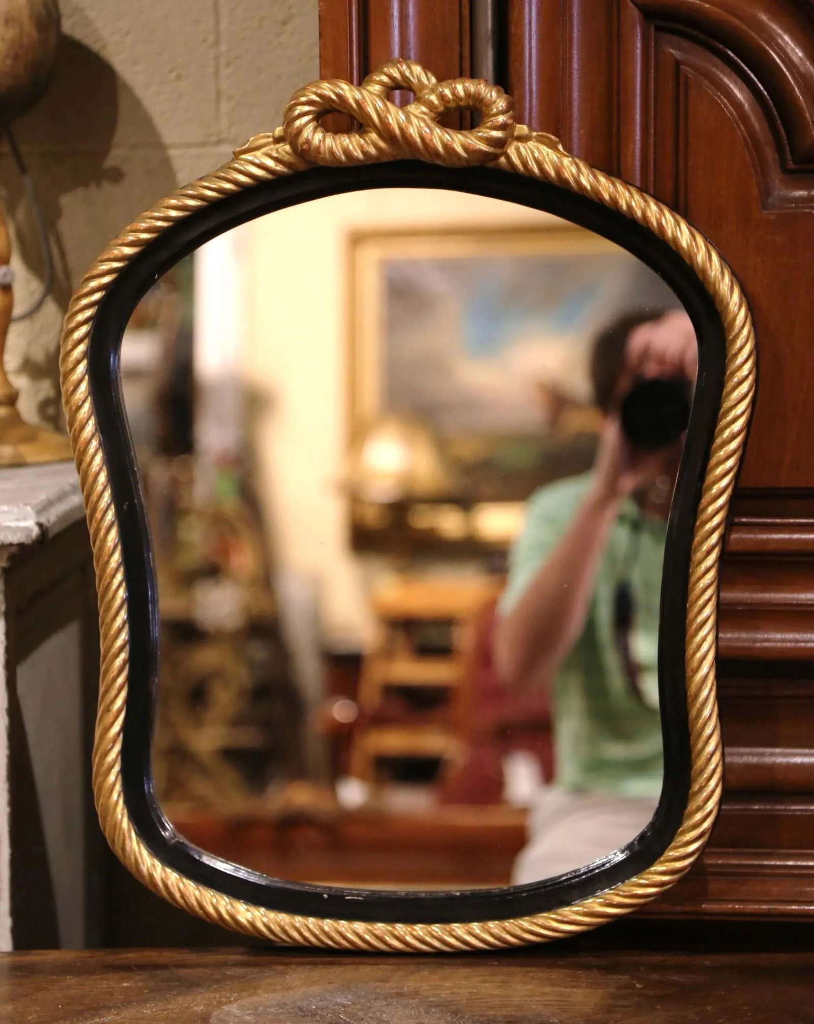 Mid-Century French Napoleon III Blackened and Gilt Wall Mirror With Roped Bow - 11