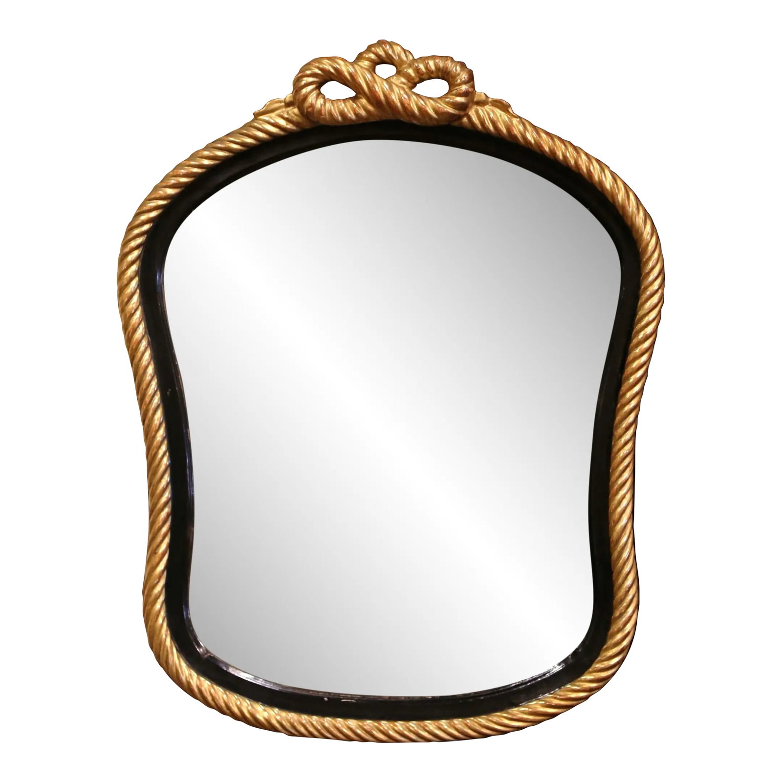 Mid-Century French Napoleon III Blackened and Gilt Wall Mirror With Roped Bow: Decorate a powder room or entry way with this elegant antique two-tone mirror. Crafted in France, circa 1960, the shaped mirror features a blackened border decorated with a gold leaf rope form includi