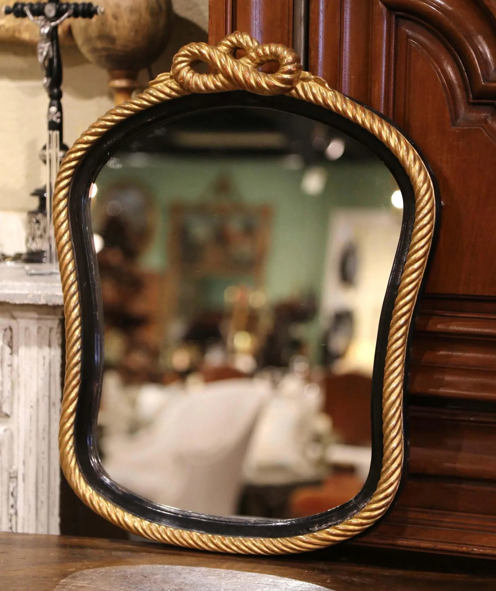 Mid-Century French Napoleon III Blackened and Gilt Wall Mirror With Roped Bow - 2