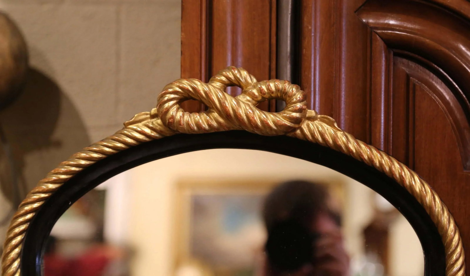 Mid-Century French Napoleon III Blackened and Gilt Wall Mirror With Roped Bow - 3