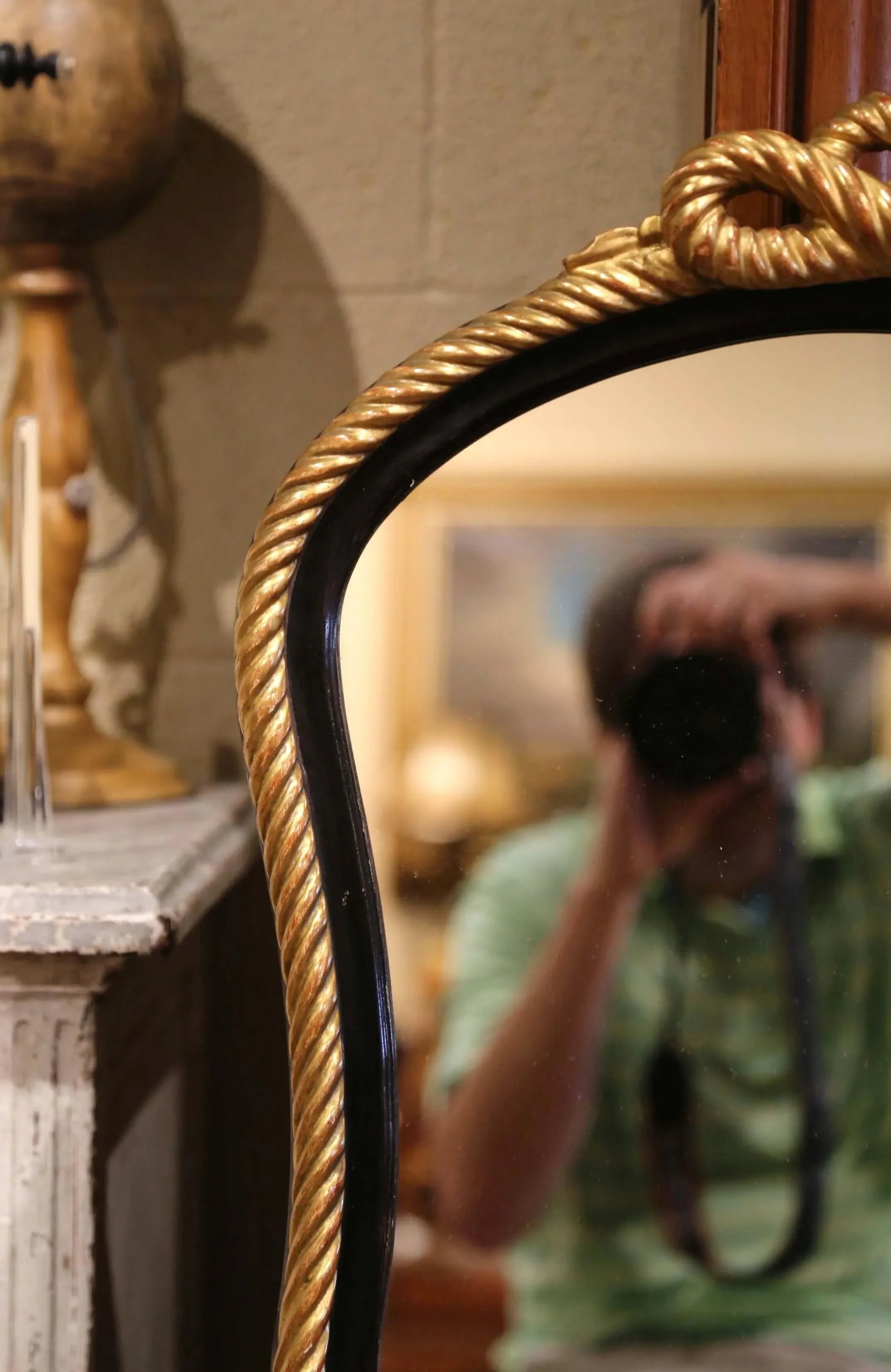 Mid-Century French Napoleon III Blackened and Gilt Wall Mirror With Roped Bow - 5