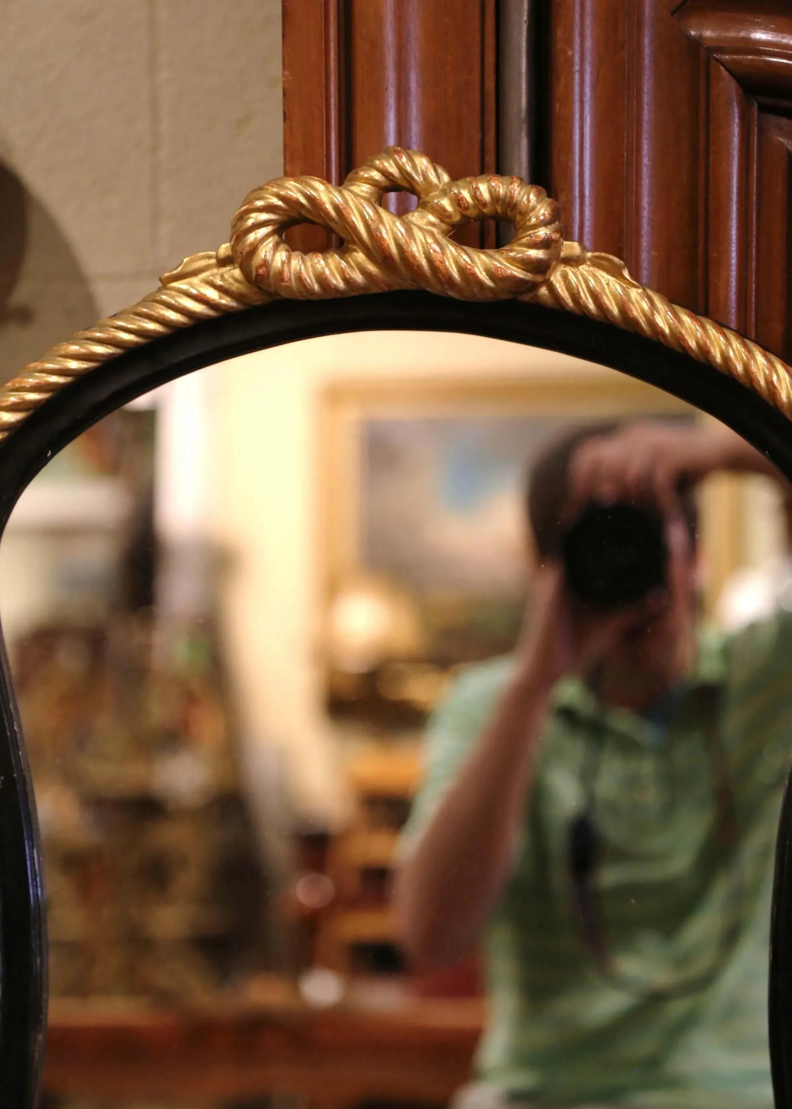 Mid-Century French Napoleon III Blackened and Gilt Wall Mirror With Roped Bow - 6