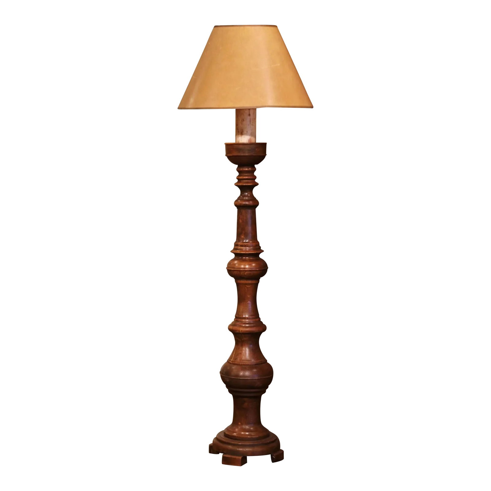 Mid-Century French Louis XIII Carved Oak Floor Lamp With Beige Shade (1 of 10)