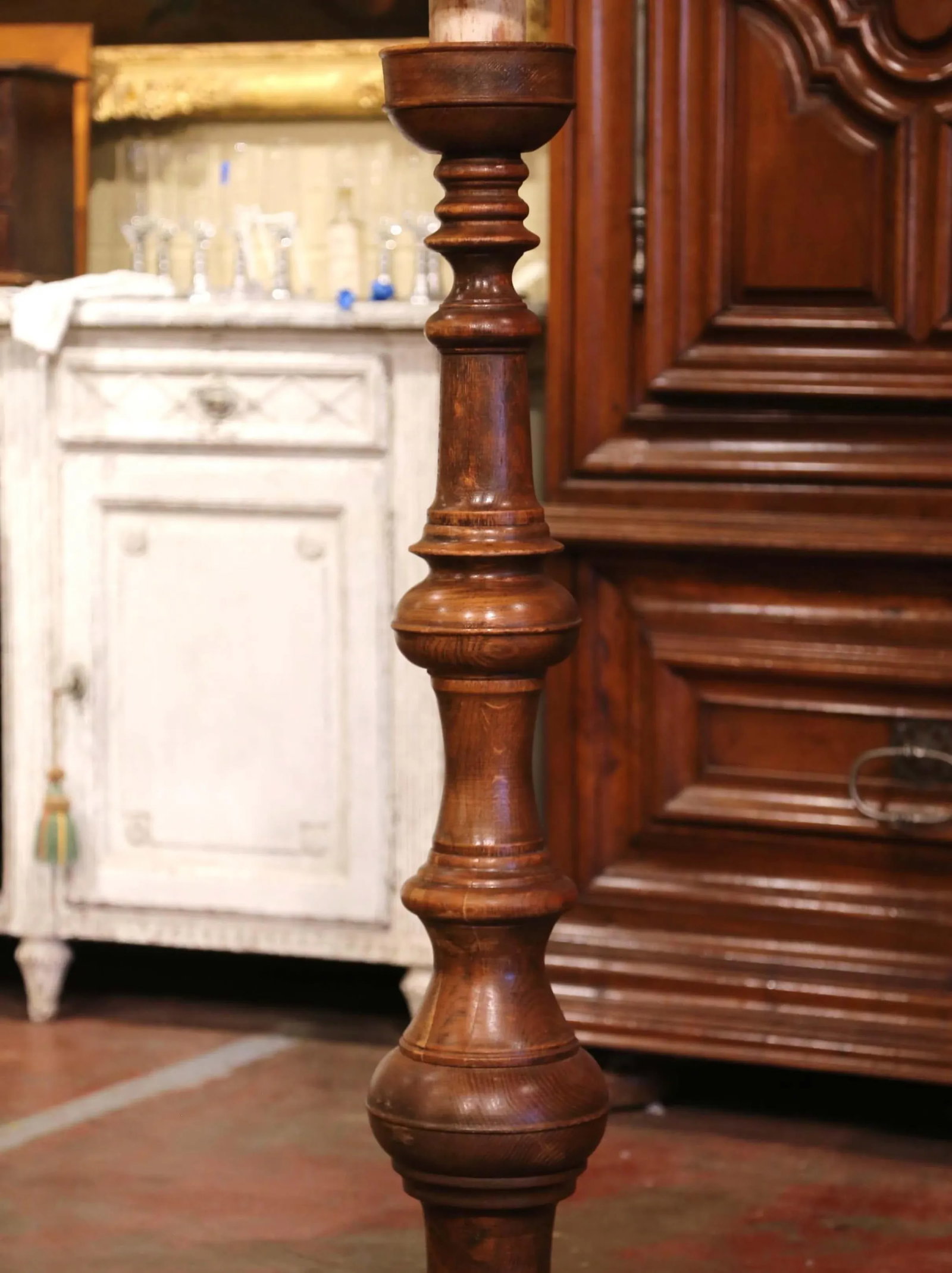Mid-Century French Louis XIII Carved Oak Floor Lamp With Beige Shade - 3