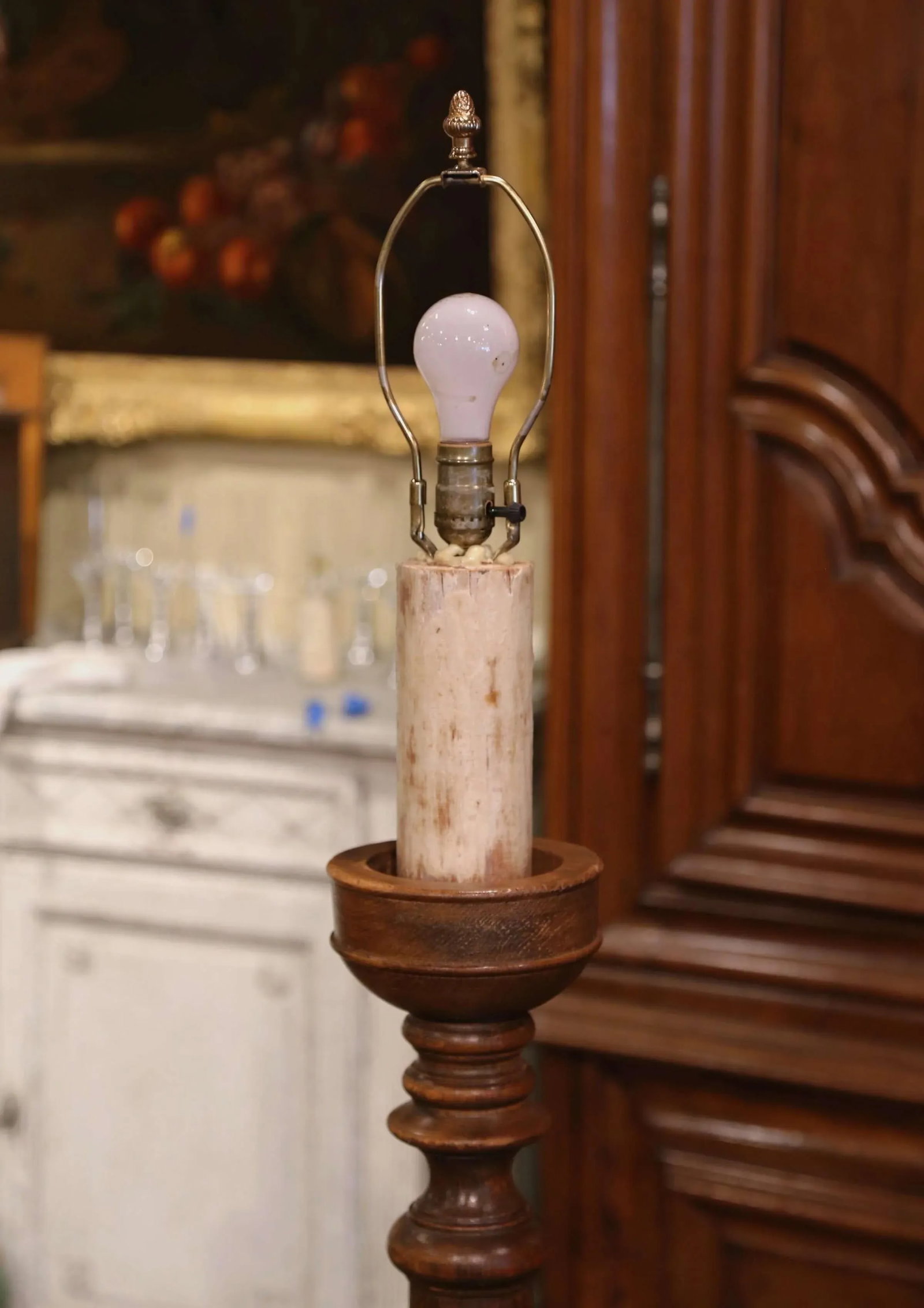 Mid-Century French Louis XIII Carved Oak Floor Lamp With Beige Shade - 8
