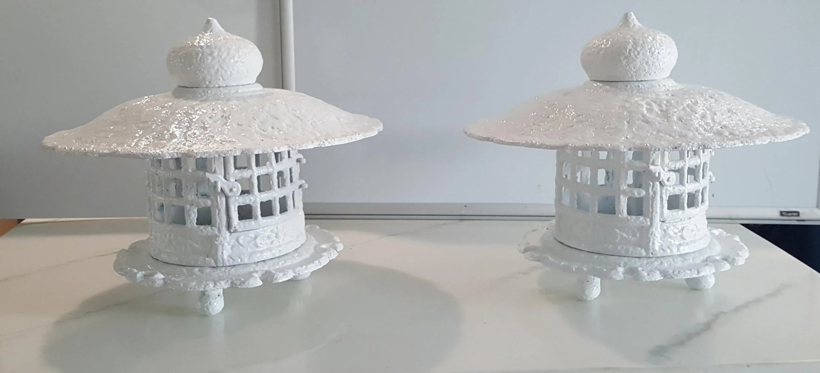1960s White Gloss Enamel Cast Iron Pagoda Garden Lanterns - a Pair - 2