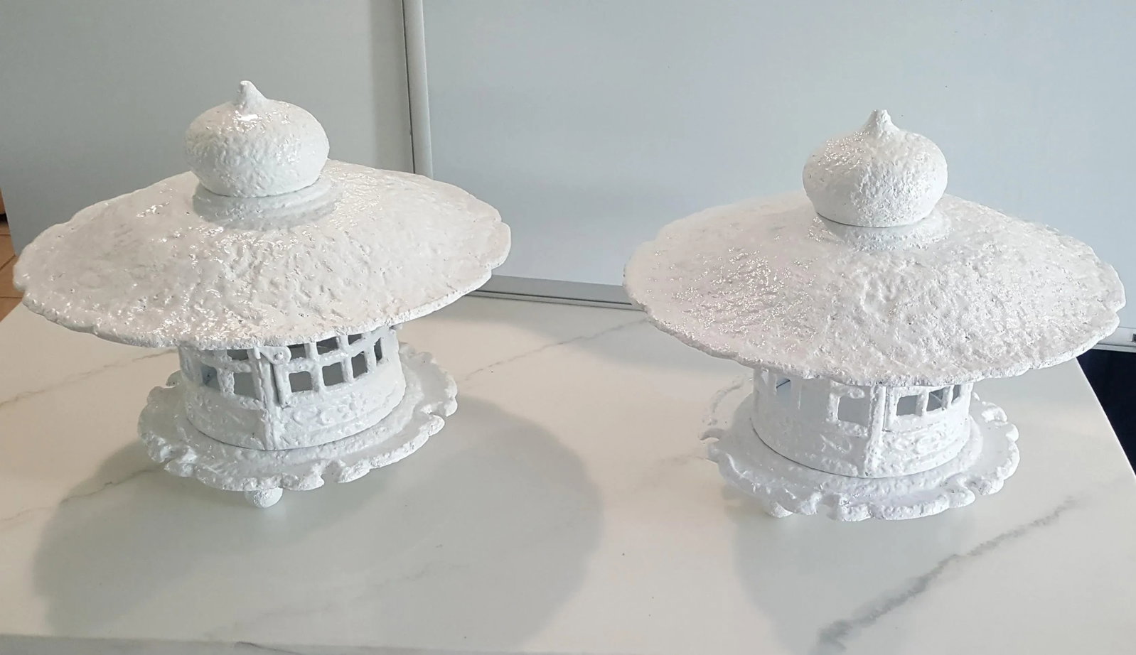 1960s White Gloss Enamel Cast Iron Pagoda Garden Lanterns - a Pair - 3
