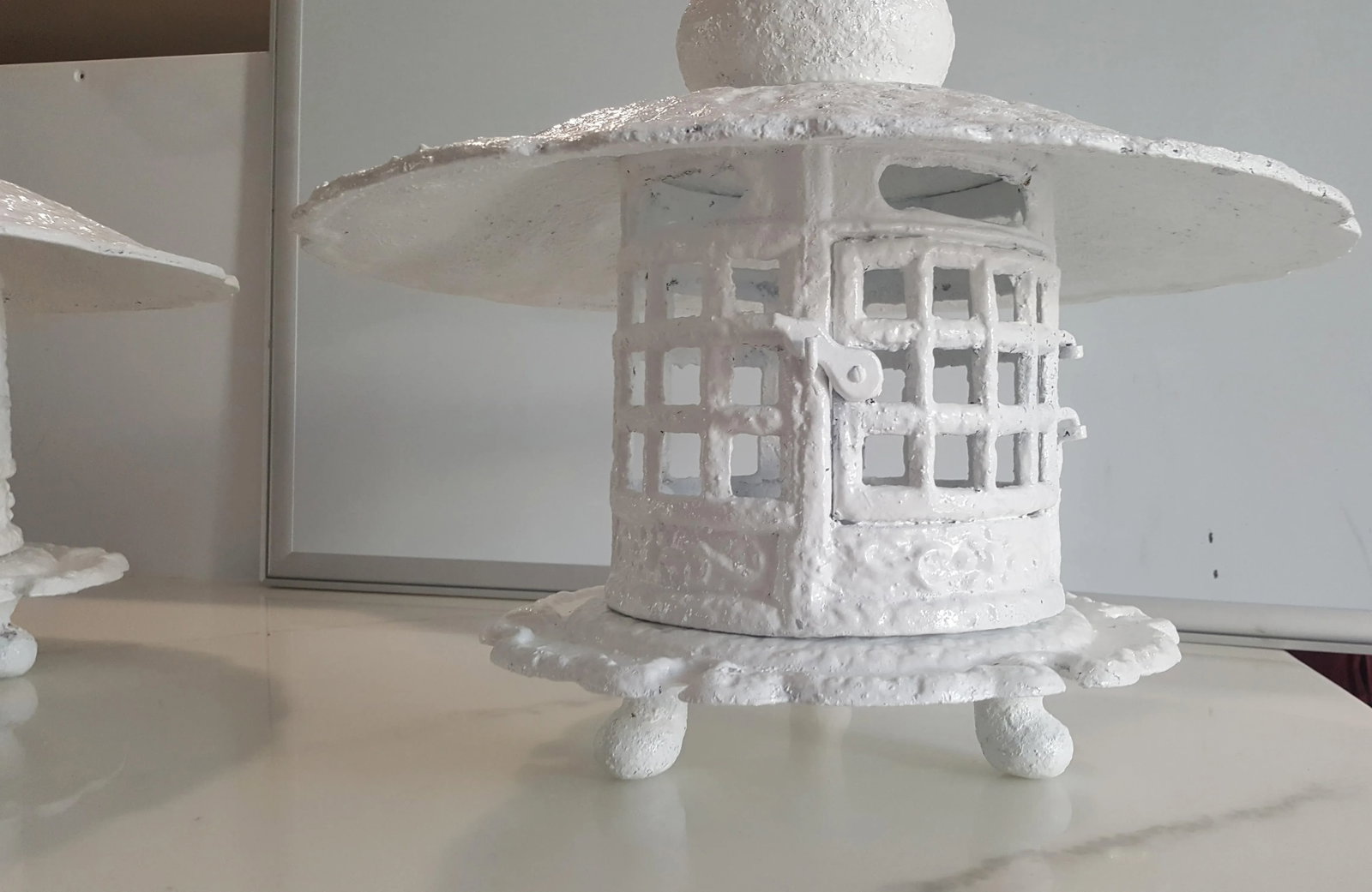 1960s White Gloss Enamel Cast Iron Pagoda Garden Lanterns - a Pair - 7
