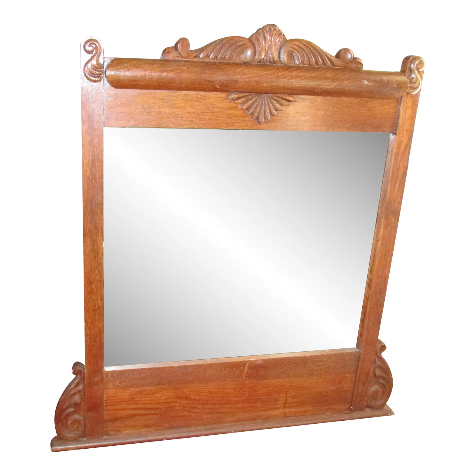 Antique Victorian Oak Wood Mirror: This is a Beautiful Antique Victorian Ornate Oak Wood Frame with Mirror with original Finish that is in Nice Antique Condition with a Replaced Plate Glass Mirror that is 40" tall and 37.5" Long and 1.
