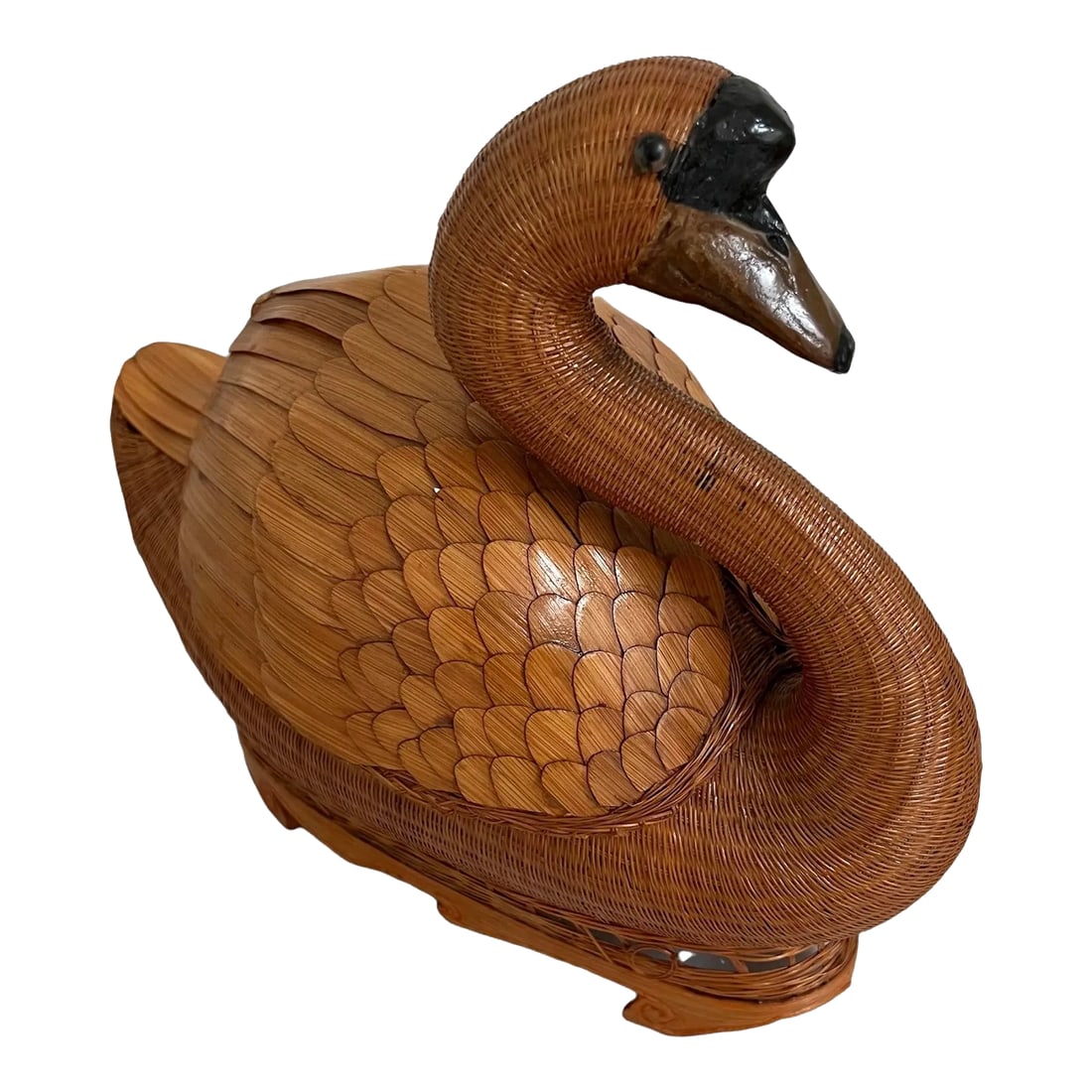 1970s Shanghai Wicker Swan Box: Wicker Swan Shanghai box with wooden eyes and beak, rattan trimmed removable wings that reveal hidden storage. All on a rattan bordered round base. Condition: Alterations: Original Condition