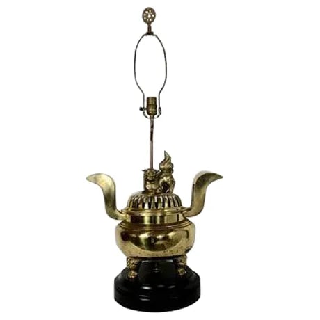 Foo Dog Cast Brass Lamp & Incense Burner: Wonderfully cast in solid brass this lamp and incense burner has a nice detailed Foo Dog and feet. This is a wonderful decorator piece! Era: Vintage; 1920s Condition: Excellent Country of Origin: