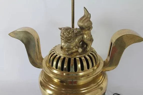 Foo Dog Cast Brass Lamp & Incense Burner - 3
