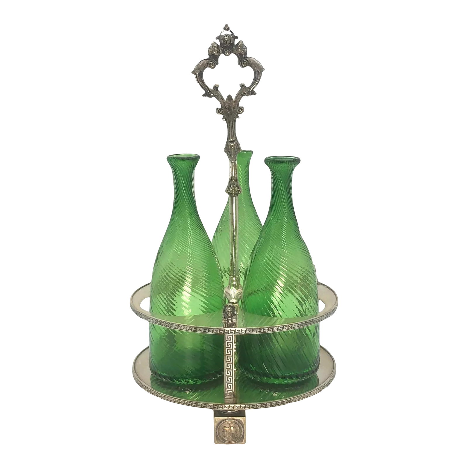 Late 19th Century Victorian Egyptian Revival Decanter Stand Set- 4 Pieces: Very nice Egyptian revival decanter stand. The bottles are missing their stoppers. Even with the wear to the silver plating, it is very usable and displays very well. Likely made in England. The only