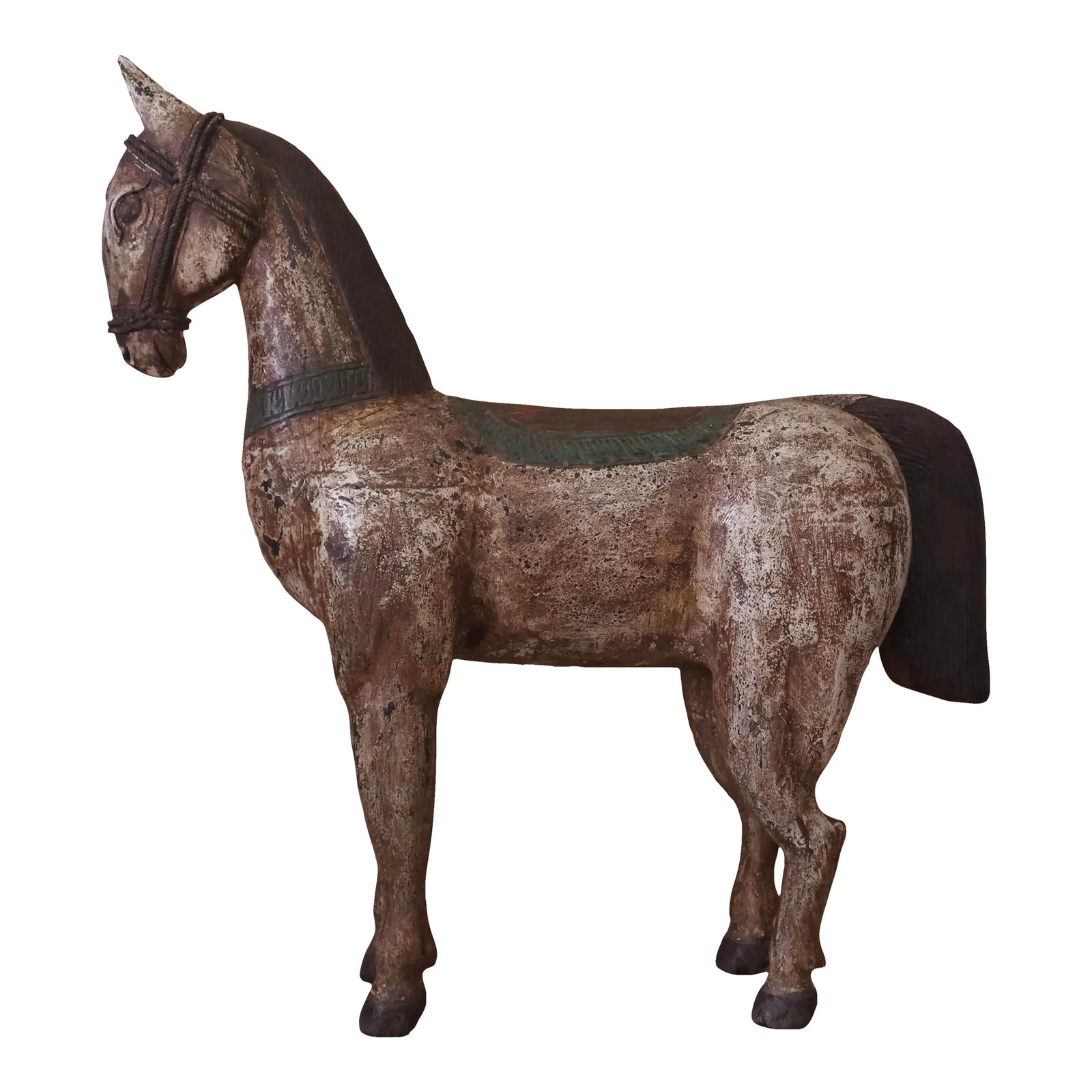 Antique XL Carved Wood Horse: Antique large carved wooden horse with delicately crafted details in reign and saddle. Horse is hand-painted in cream white red and green accents. Condition: Alterations: Original Condition Unaltered
