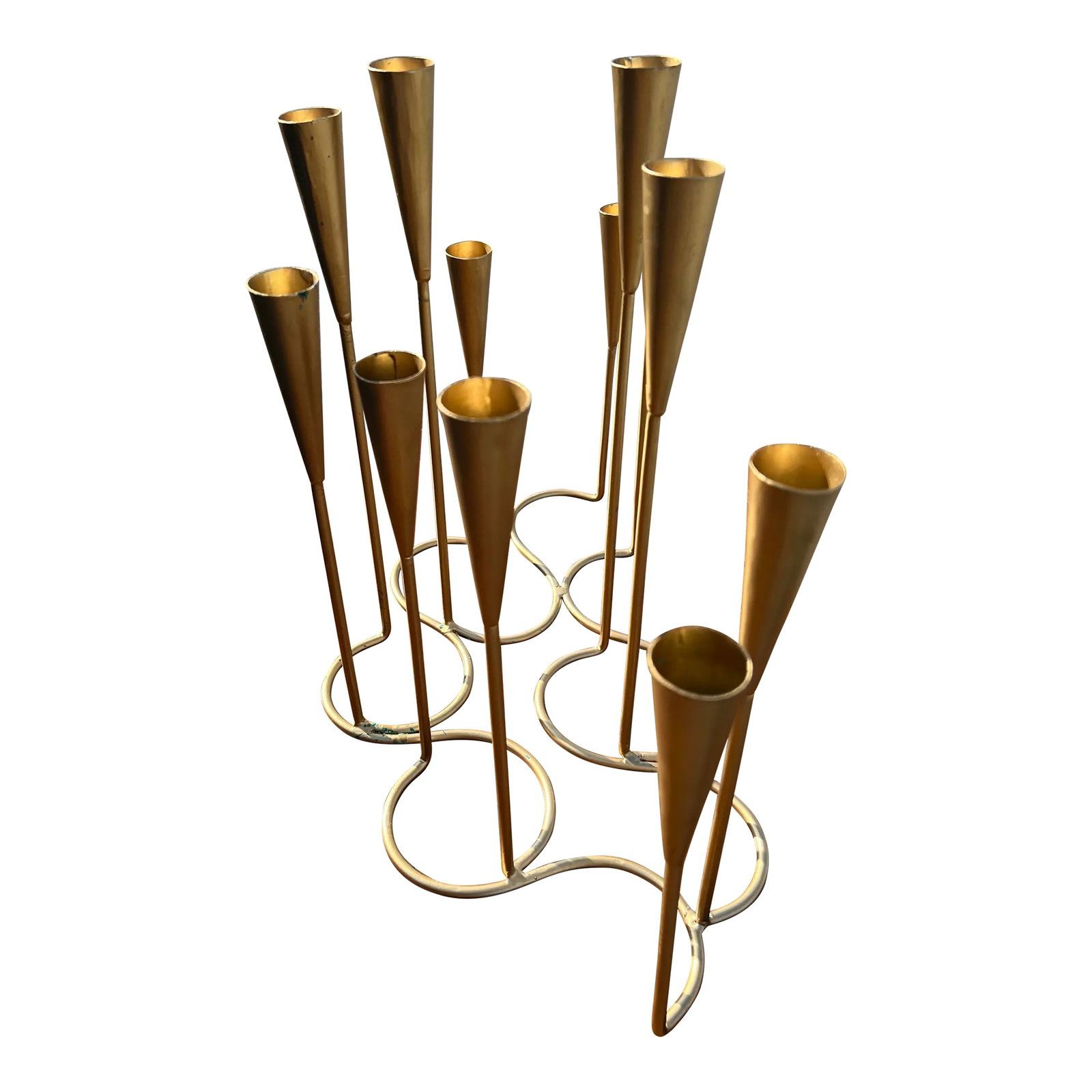 1960s Daisy Bronze Candle Holder: Cast Bronze Daisy Candlestick Holder in a matte gold swirl design . Condition: Alterations: Unknown Imperfections: Some Imperfections Condition Notes: Good used shape Materials & Techniques: