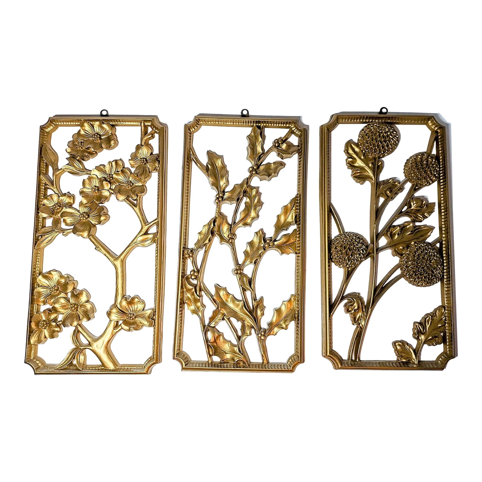 Vintage Syroco Three Seasons Wall Hangings - Set of 3: Three seasons are ready for hanging- spring cherry blossoms, fall chrysanthemums and winter holly. Keep an eye on this space as I hunt for the forth, unless you have the fourth or just want only the