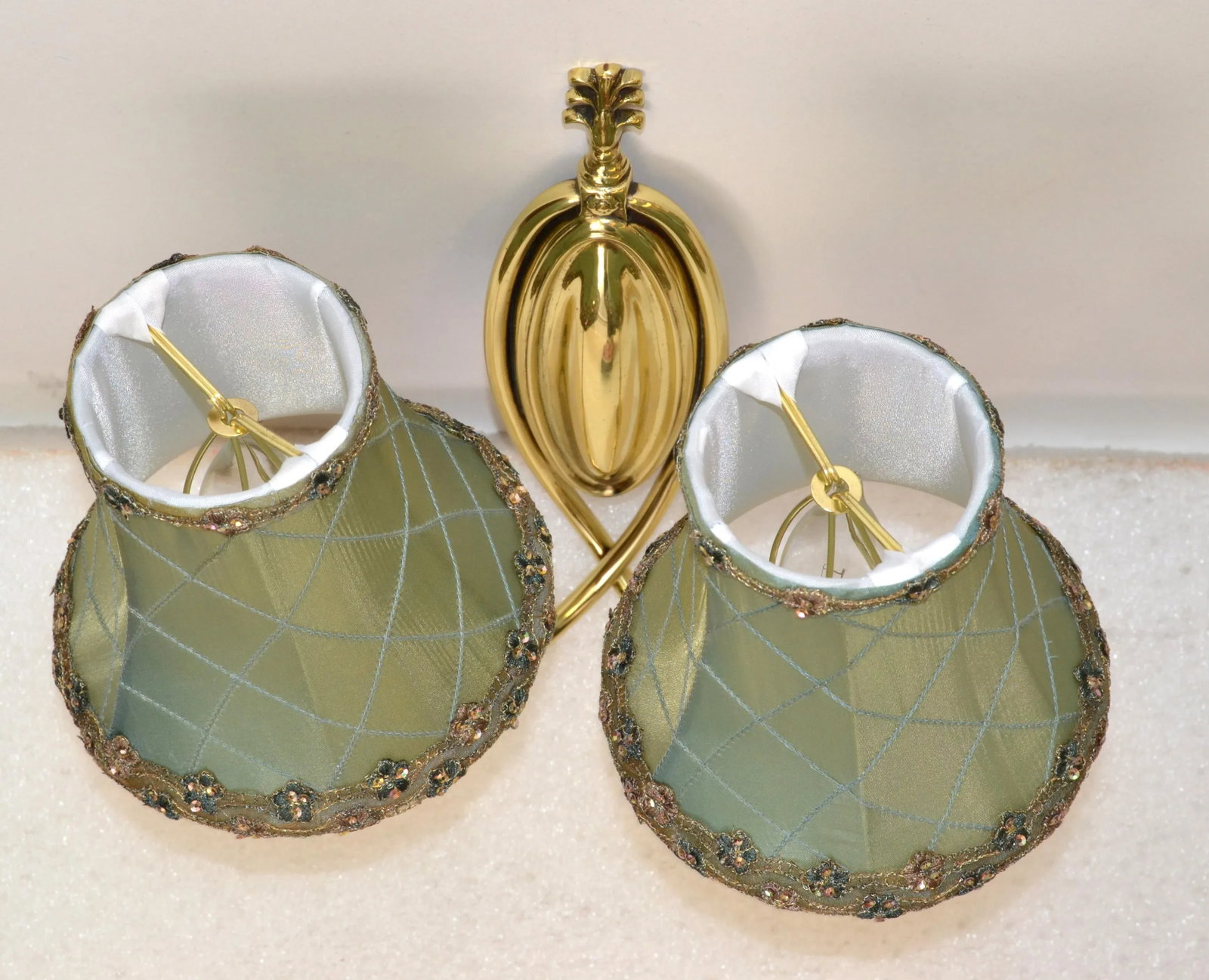 Pair 1950s Art Deco French Polished Brass 2 Light Sconces Wall Lamps Mint Silk Shades - 10