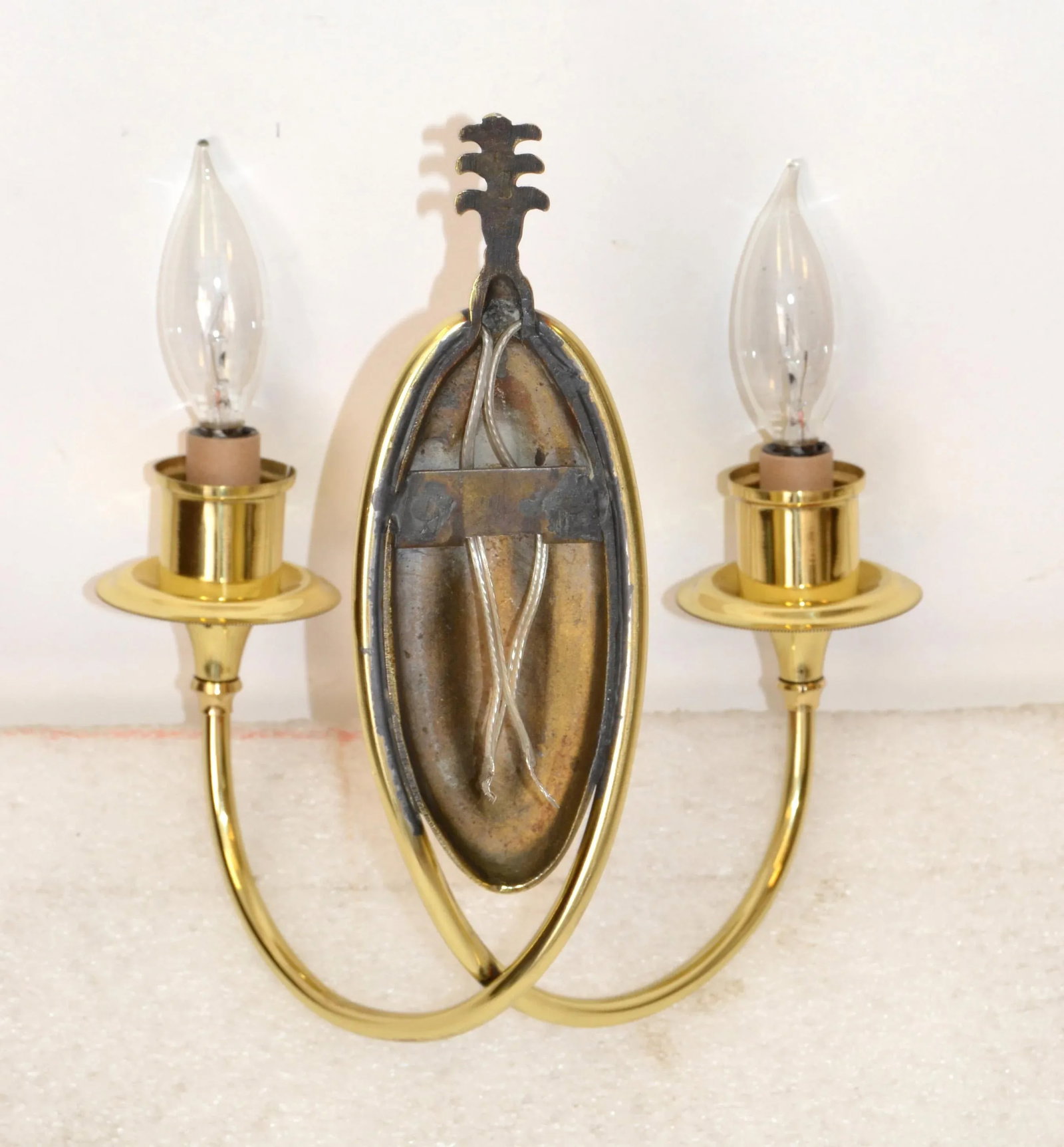 Pair 1950s Art Deco French Polished Brass 2 Light Sconces Wall Lamps Mint Silk Shades - 11