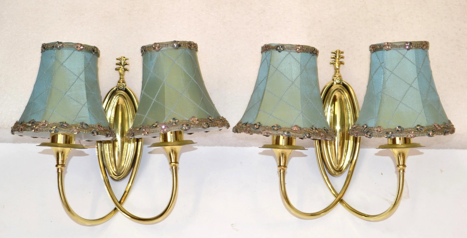 Pair 1950s Art Deco French Polished Brass 2 Light Sconces Wall Lamps Mint Silk Shades - 13