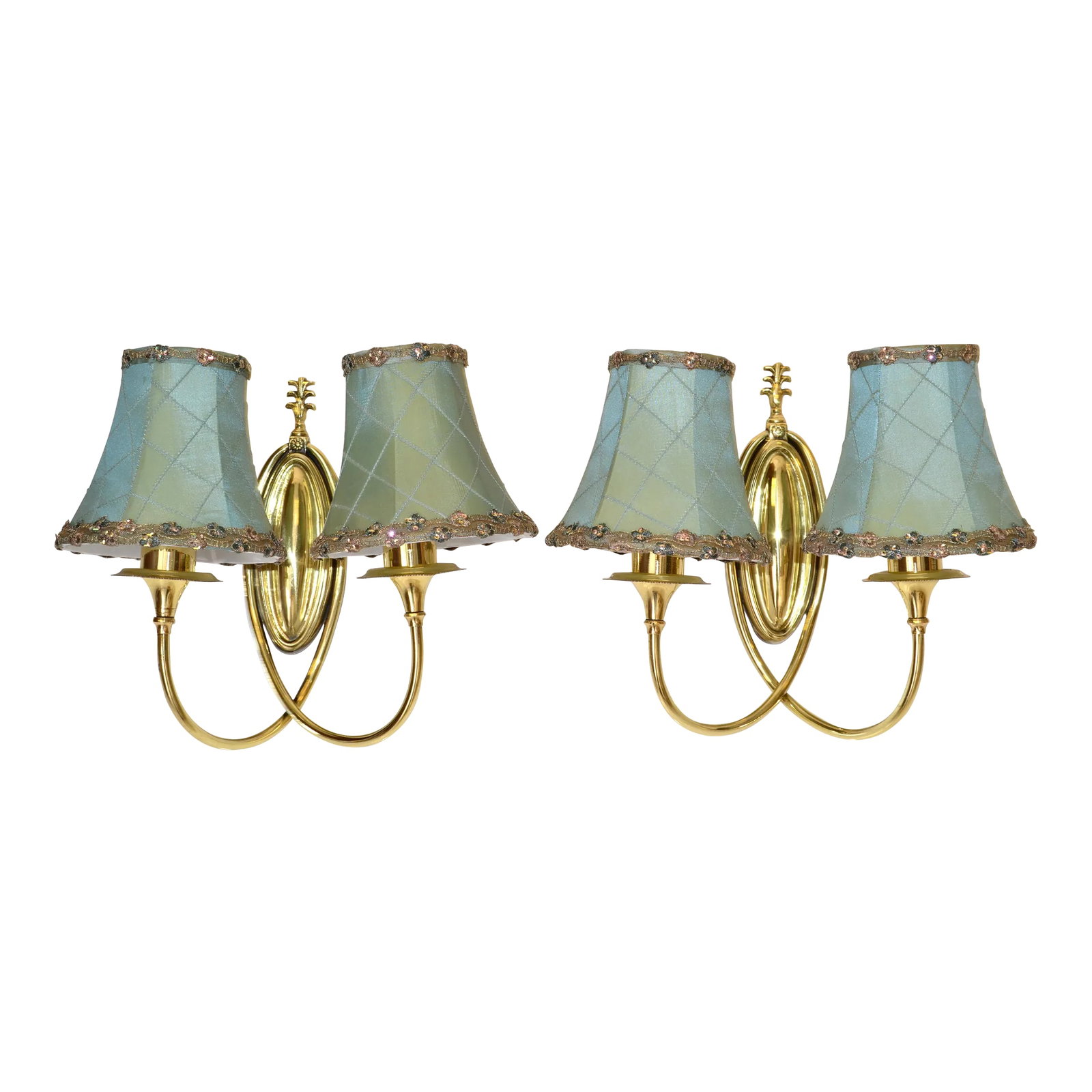 Pair 1950s Art Deco French Polished Brass 2 Light Sconces Wall Lamps Mint Silk Shades: Pair of 1950s French two-arm wall mounted sconces, wall lamps in polished solid brass with mint green silk shades. Fully restored and with newly US rewiring. Each Sconce takes 2 candelabra light