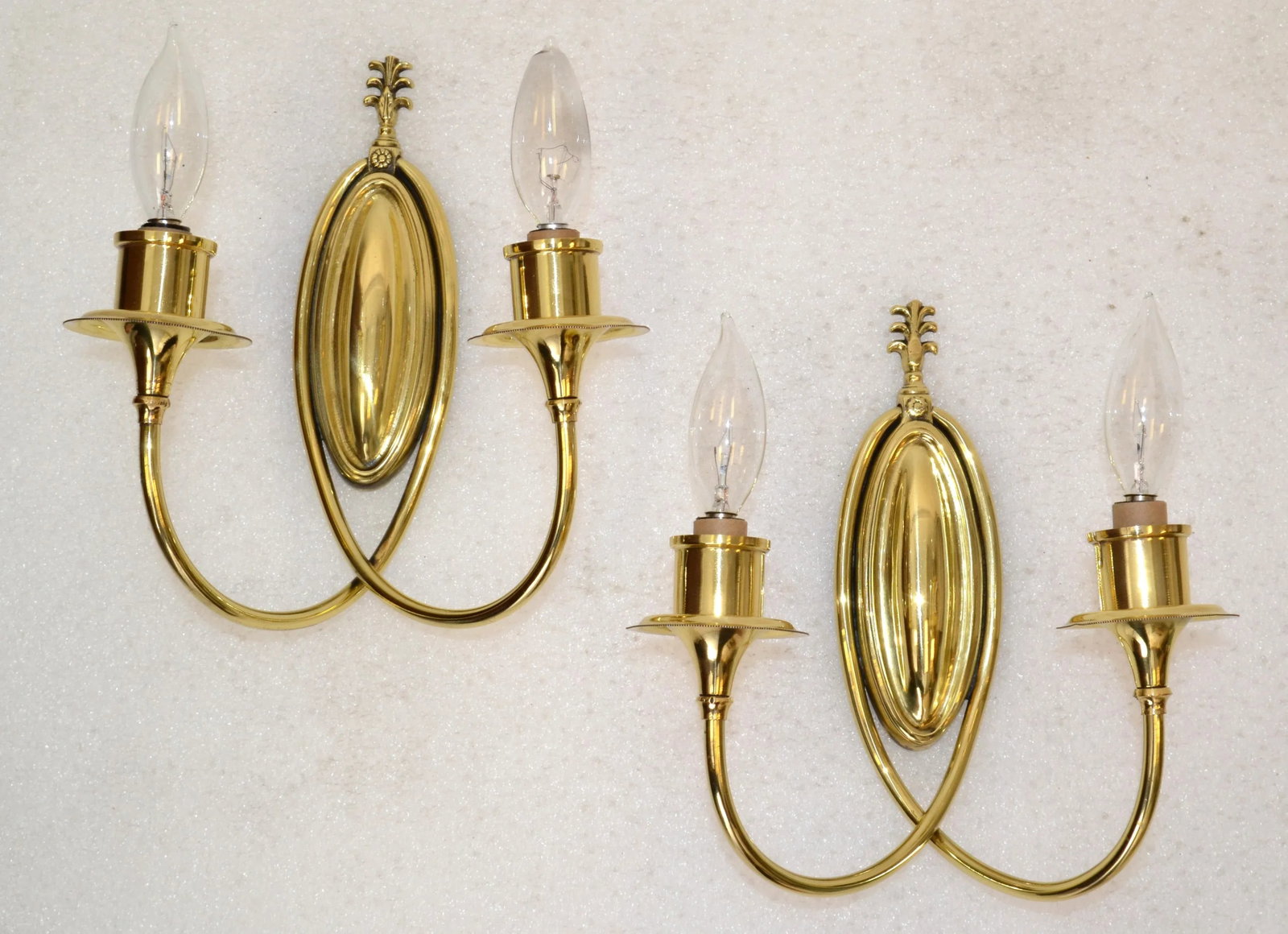 Pair 1950s Art Deco French Polished Brass 2 Light Sconces Wall Lamps Mint Silk Shades - 2