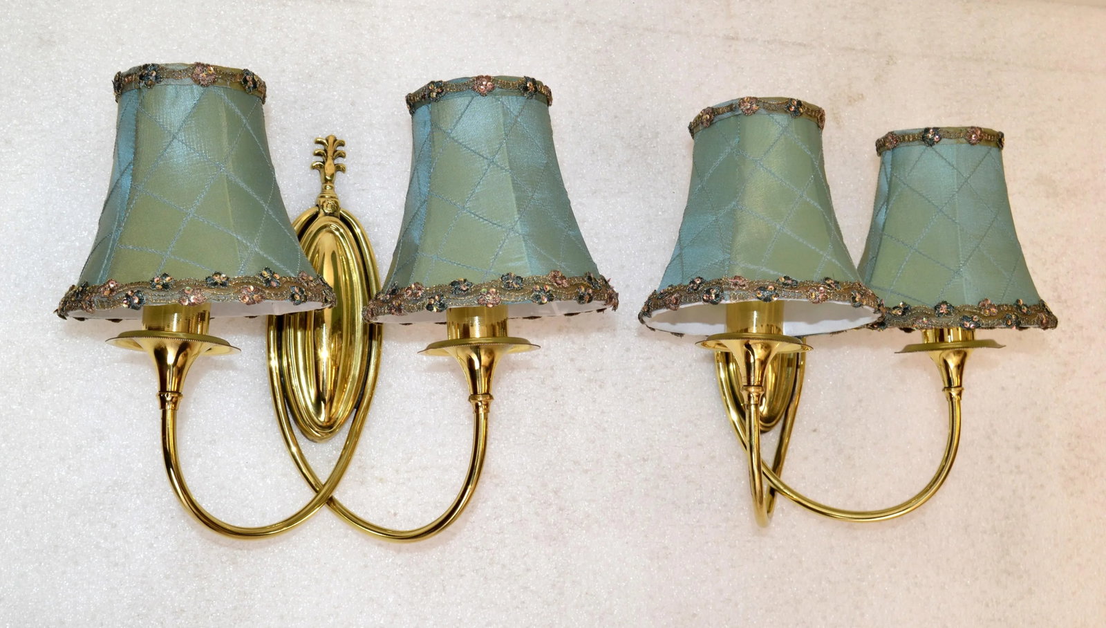 Pair 1950s Art Deco French Polished Brass 2 Light Sconces Wall Lamps Mint Silk Shades - 3