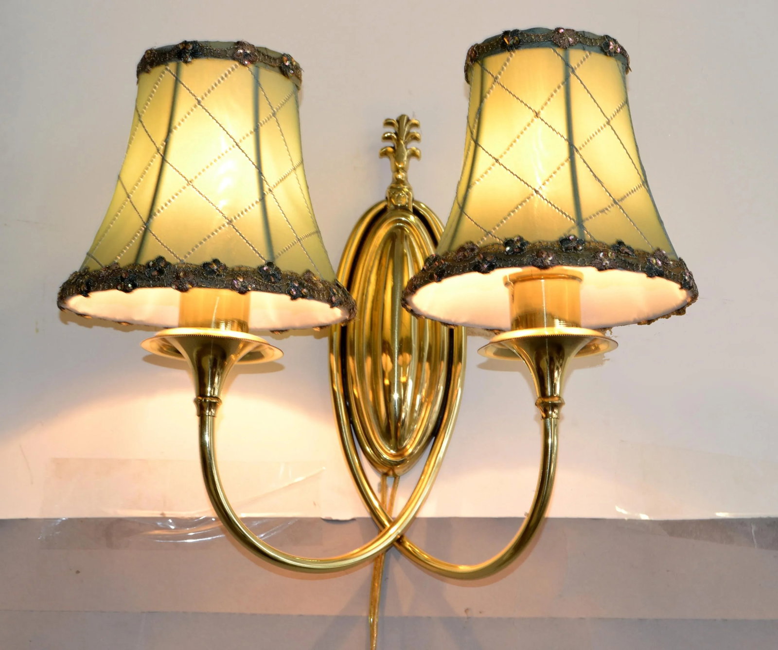 Pair 1950s Art Deco French Polished Brass 2 Light Sconces Wall Lamps Mint Silk Shades - 4