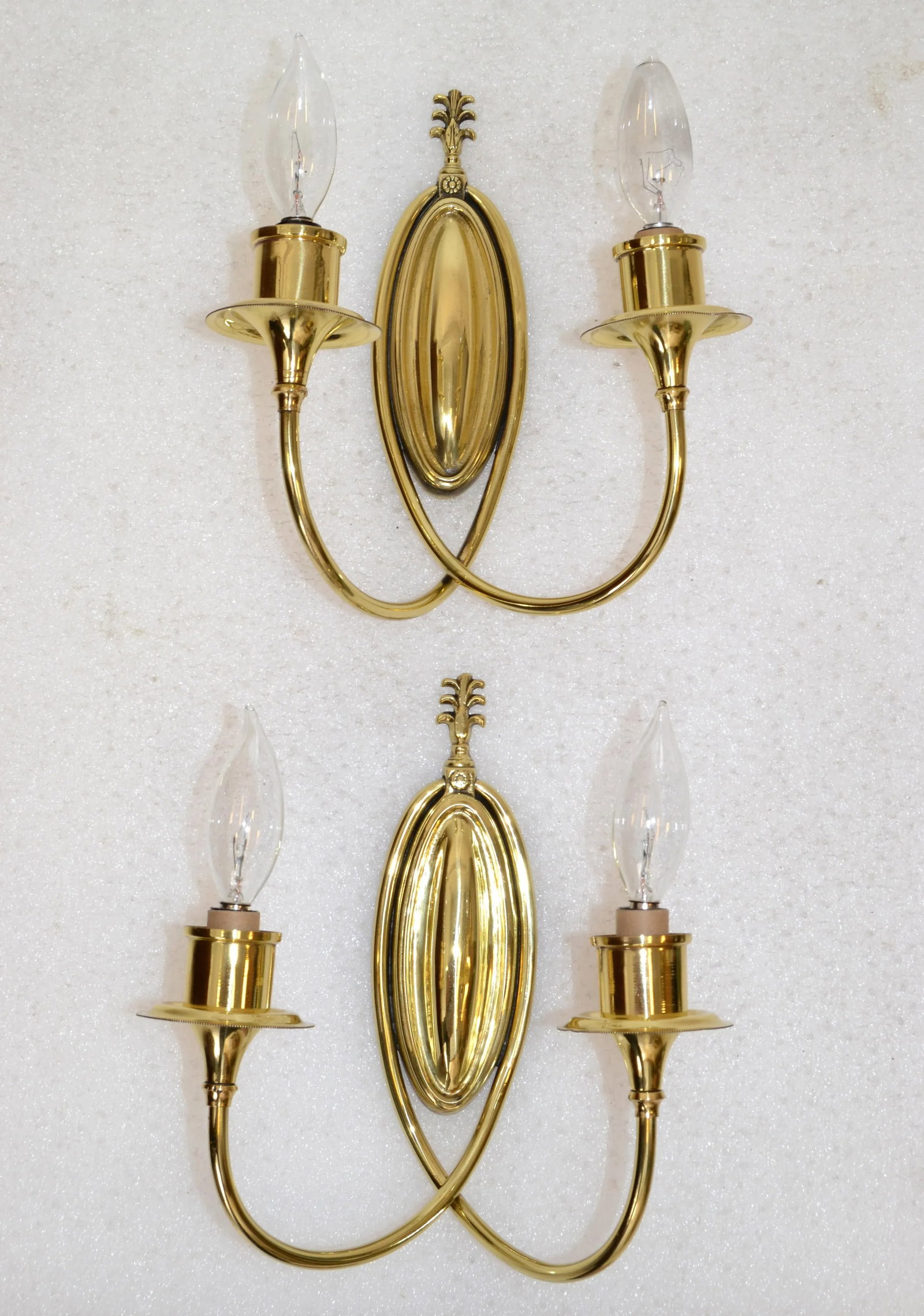 Pair 1950s Art Deco French Polished Brass 2 Light Sconces Wall Lamps Mint Silk Shades - 5