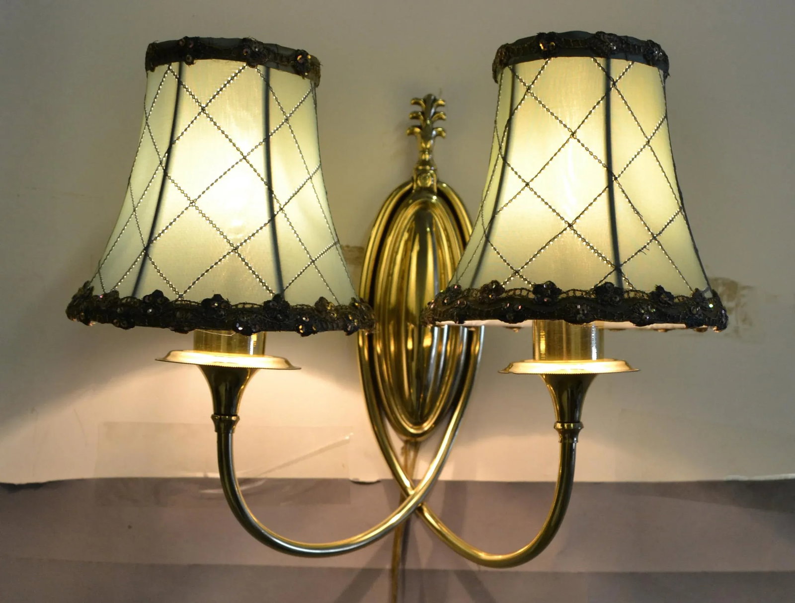 Pair 1950s Art Deco French Polished Brass 2 Light Sconces Wall Lamps Mint Silk Shades - 6